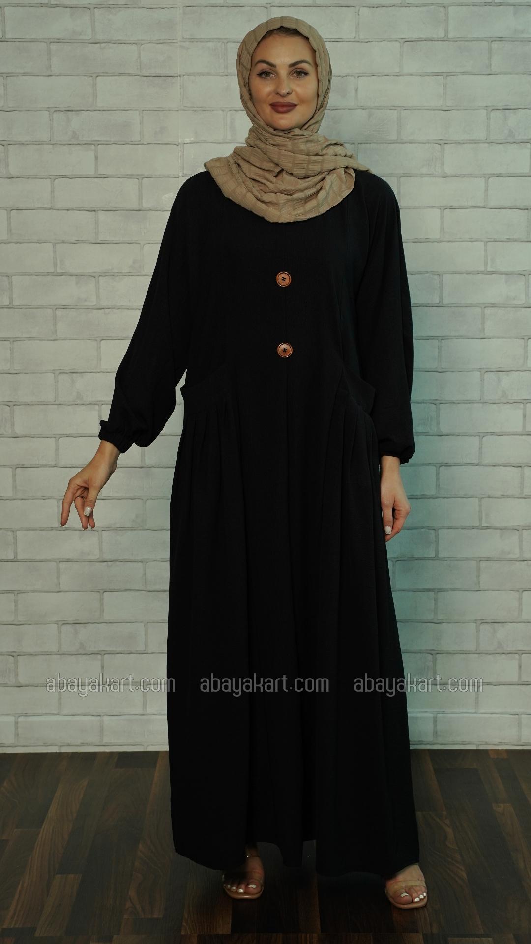 Bulk Modest Dress with Two Side Pockets and Show Buttons on the Front in Black