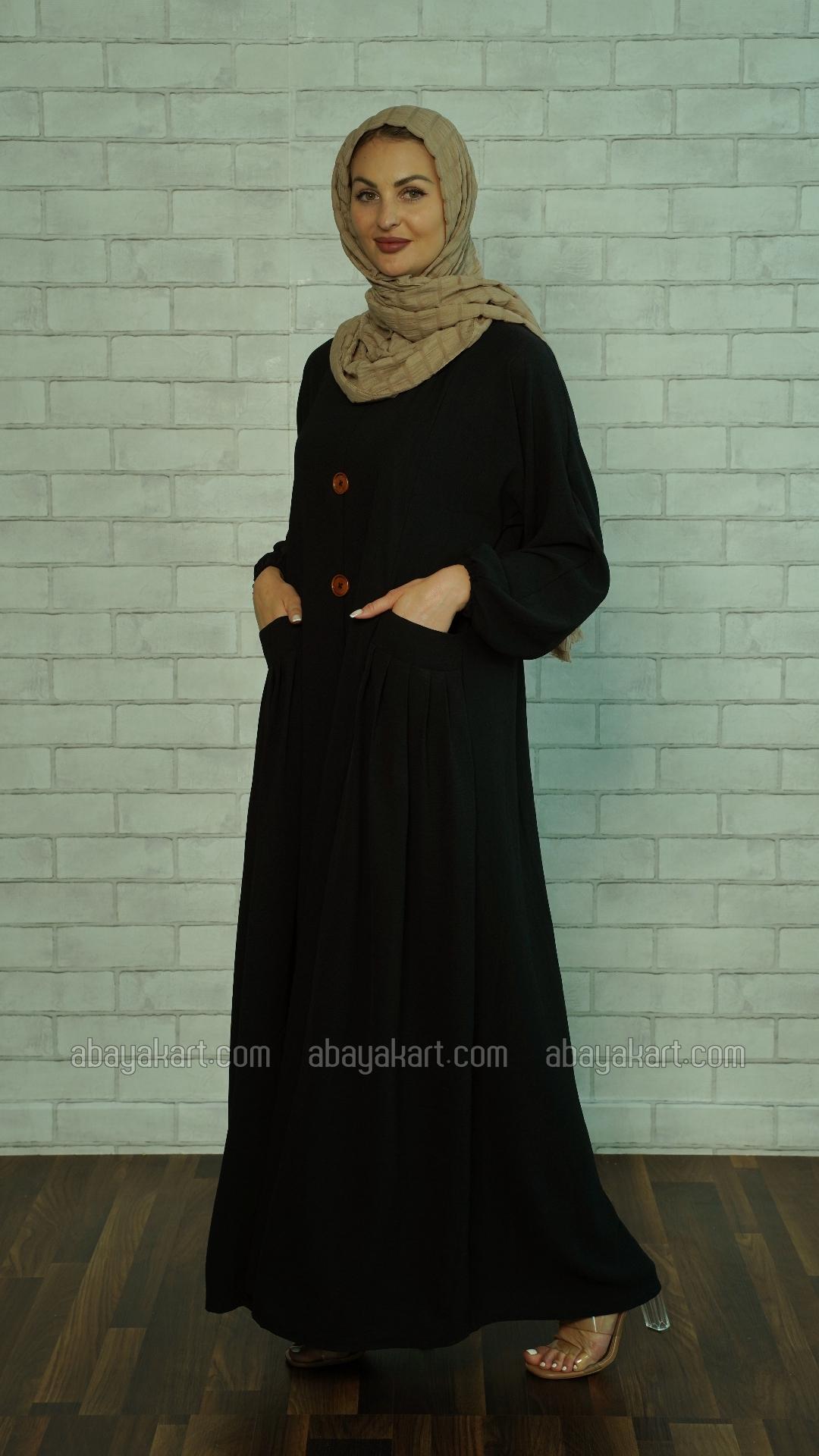 Bulk Modest Dress with Two Side Pockets and Show Buttons on the Front in Black