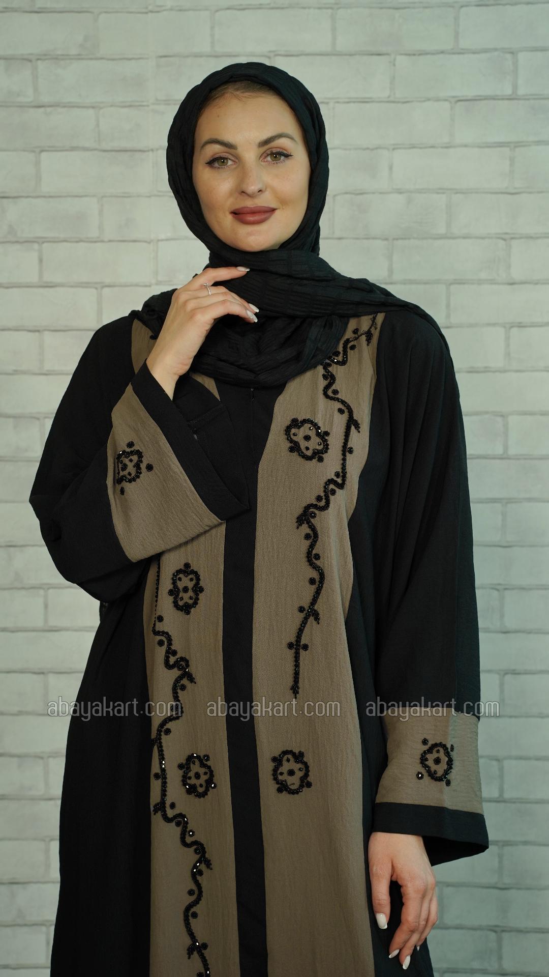 Bulk CEY Modest Dress with Black Crystal Handwork on the Front and Sleeves in Black and Brown