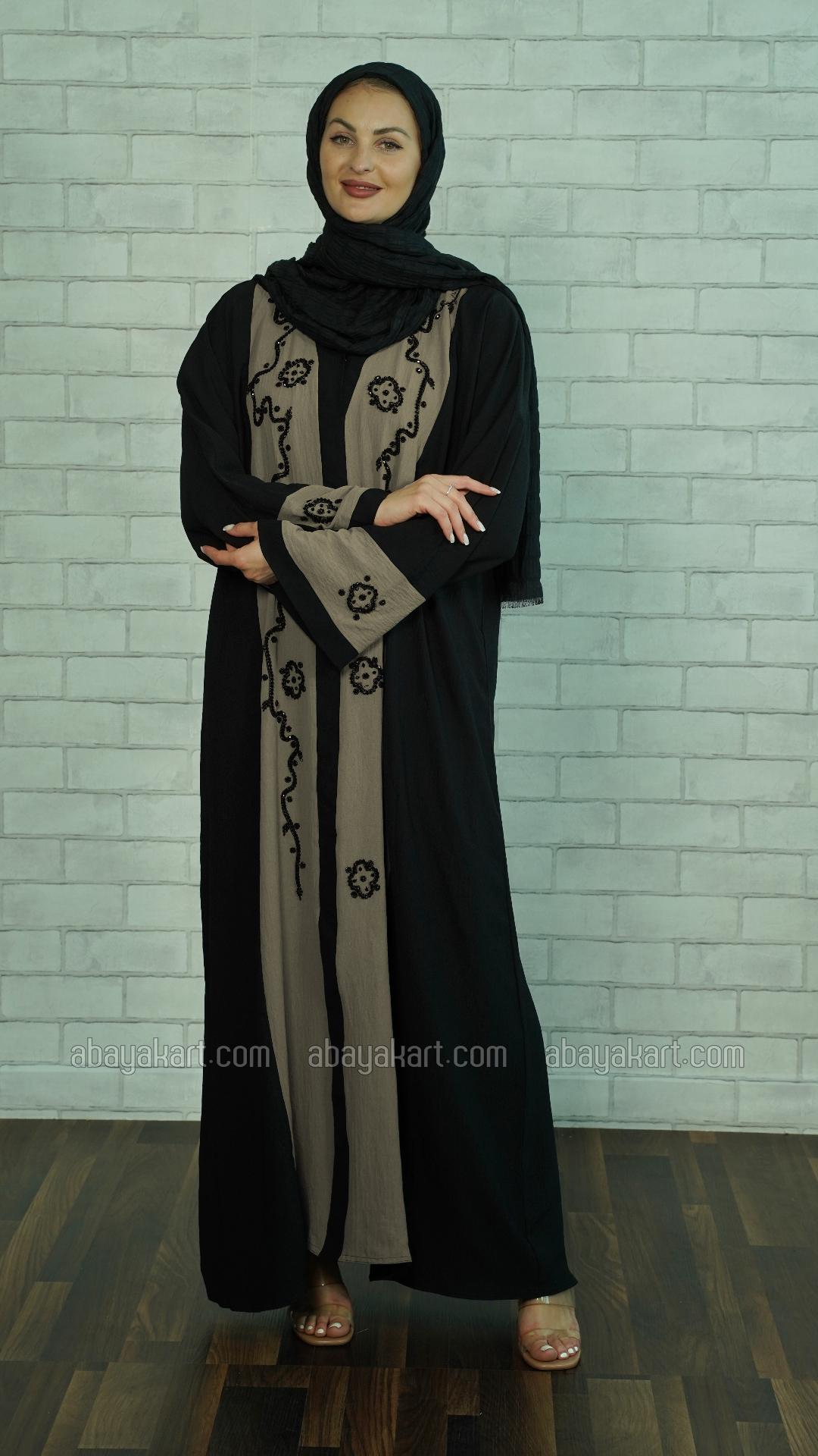 Bulk CEY Modest Dress with Black Crystal Handwork on the Front and Sleeves in Black and Brown