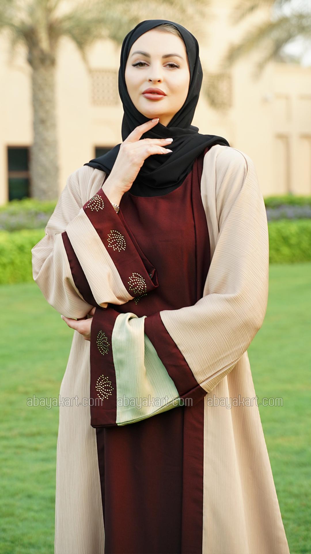Bulk Masha Crepe Dark Maroon Abaya With an Attached Cream Shrug In CEY