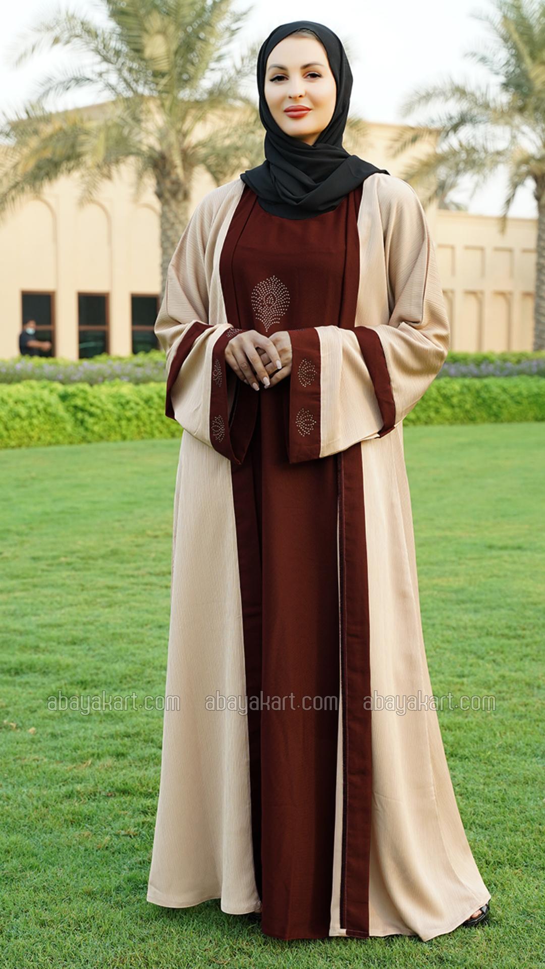 Bulk Masha Crepe Dark Maroon Abaya With an Attached Cream Shrug In CEY