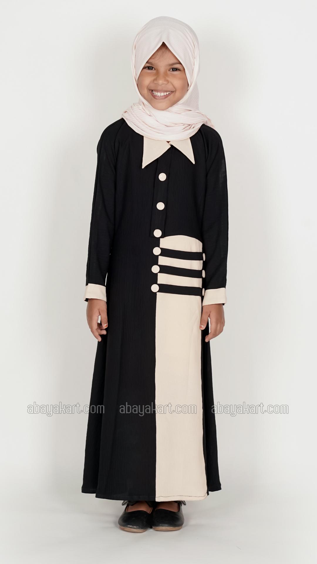 Bulk Collared Kids Abaya with Show Buttons on the Front in Cream and Black