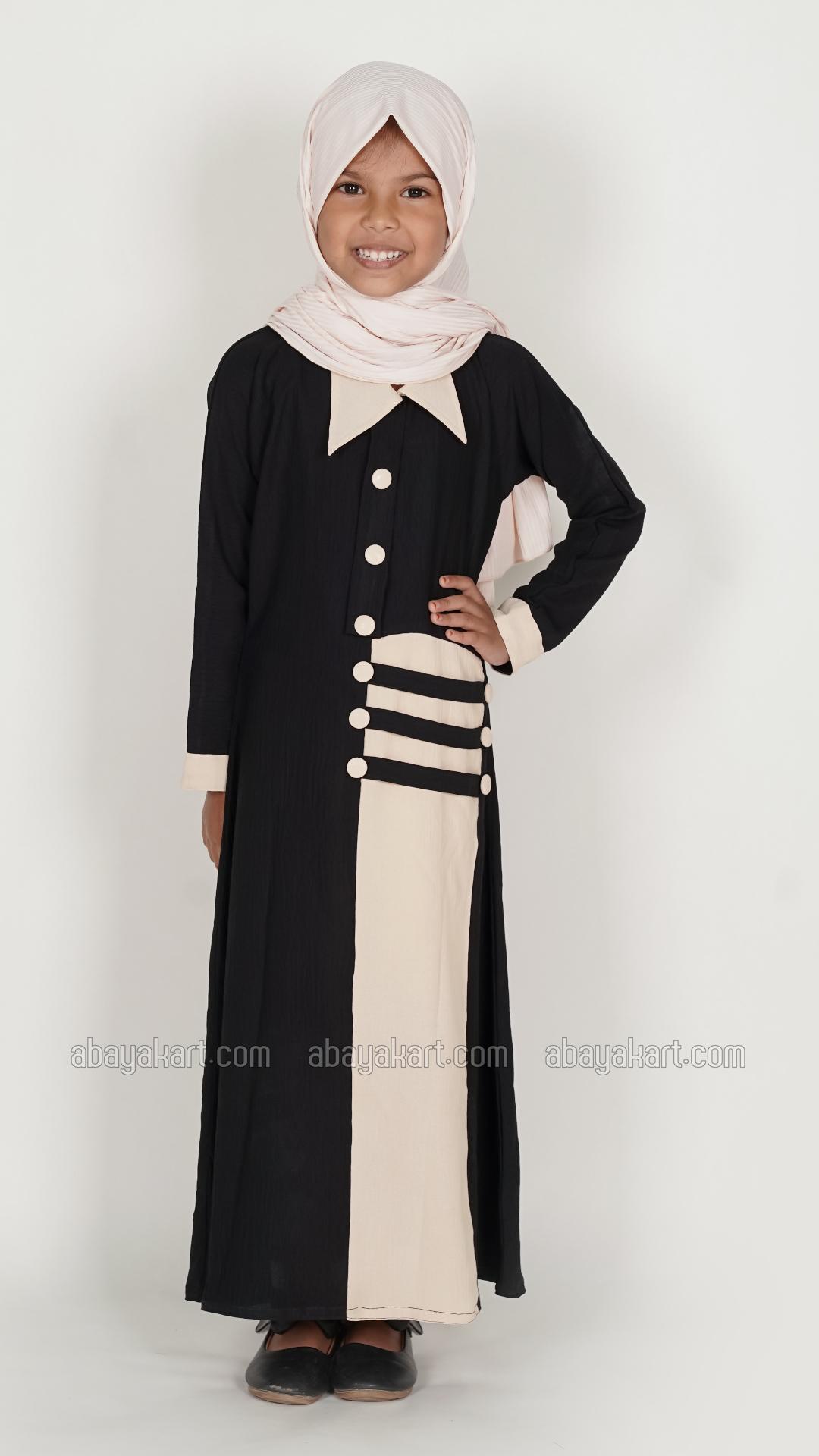 Bulk Collared Kids Abaya with Show Buttons on the Front in Cream and Black
