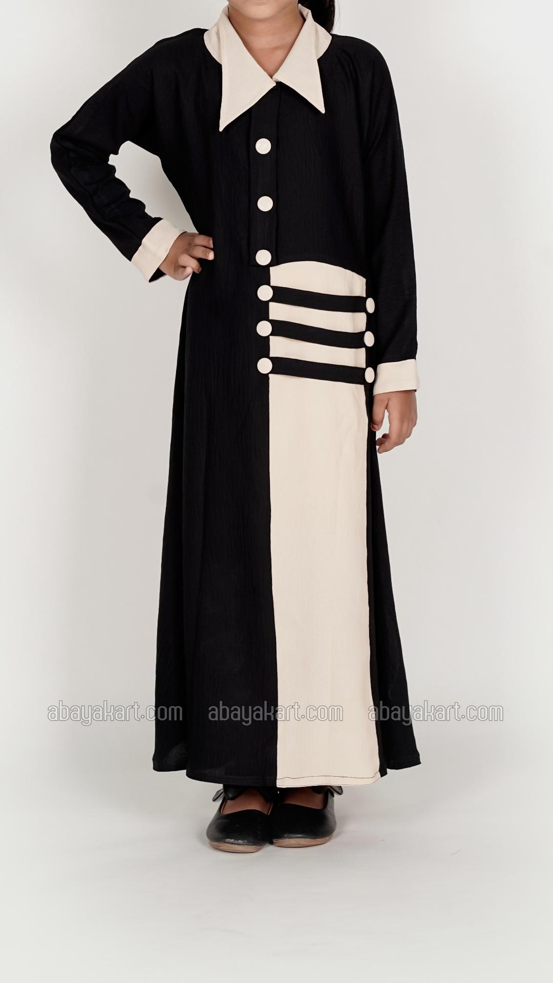 Bulk Collared Kids Abaya with Show Buttons on the Front in Cream and Black