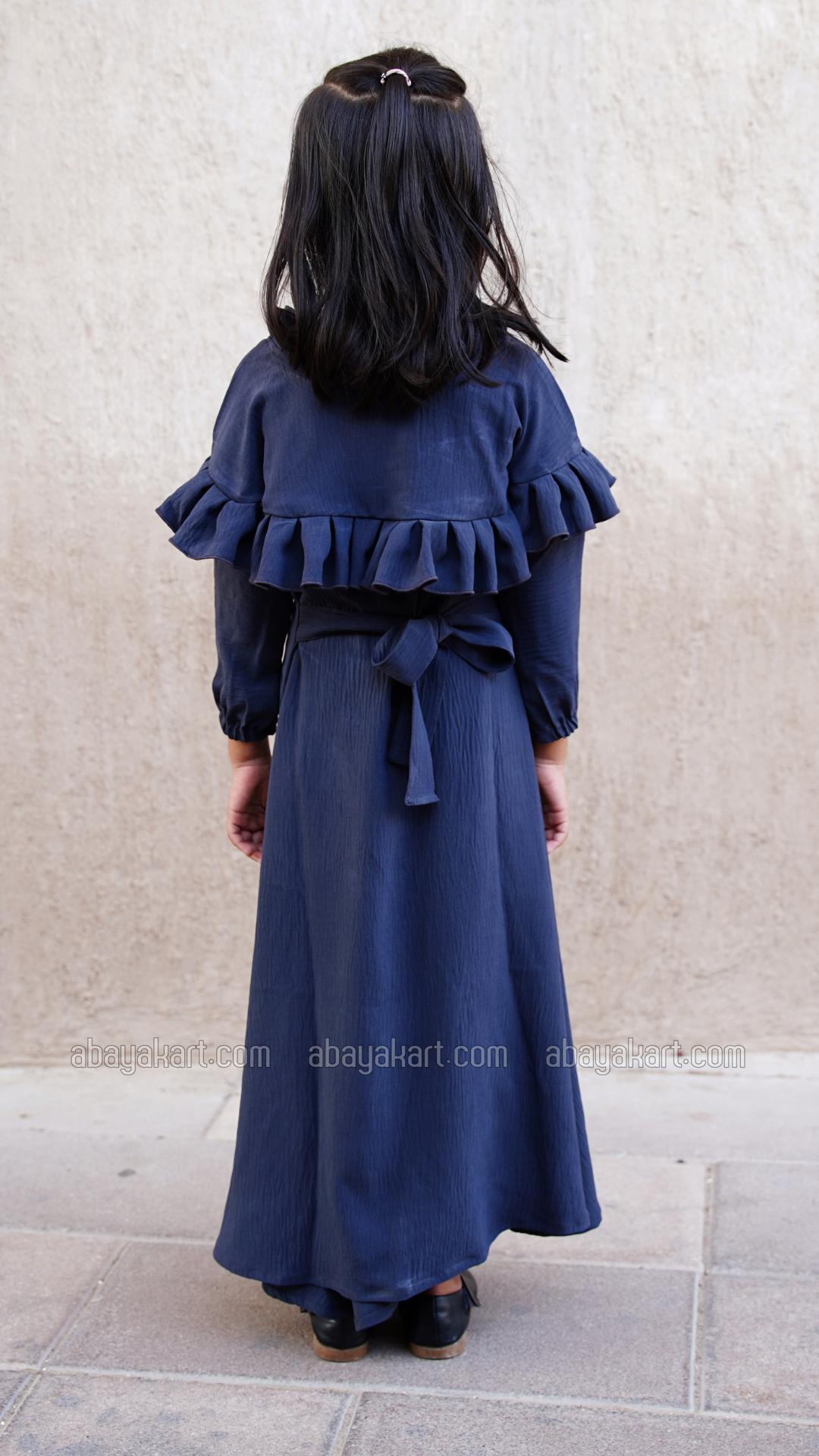 Bulk Kids Abaya with Frill Work on the Neck and Front in Navy Blue