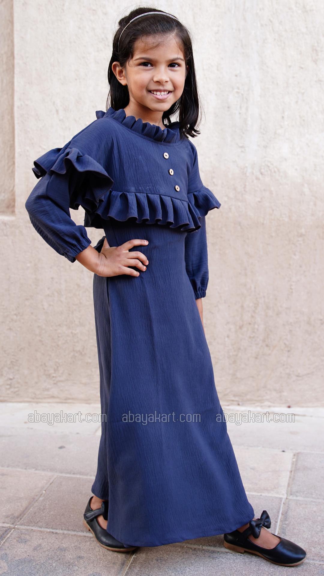 Bulk Kids Abaya with Frill Work on the Neck and Front in Navy Blue