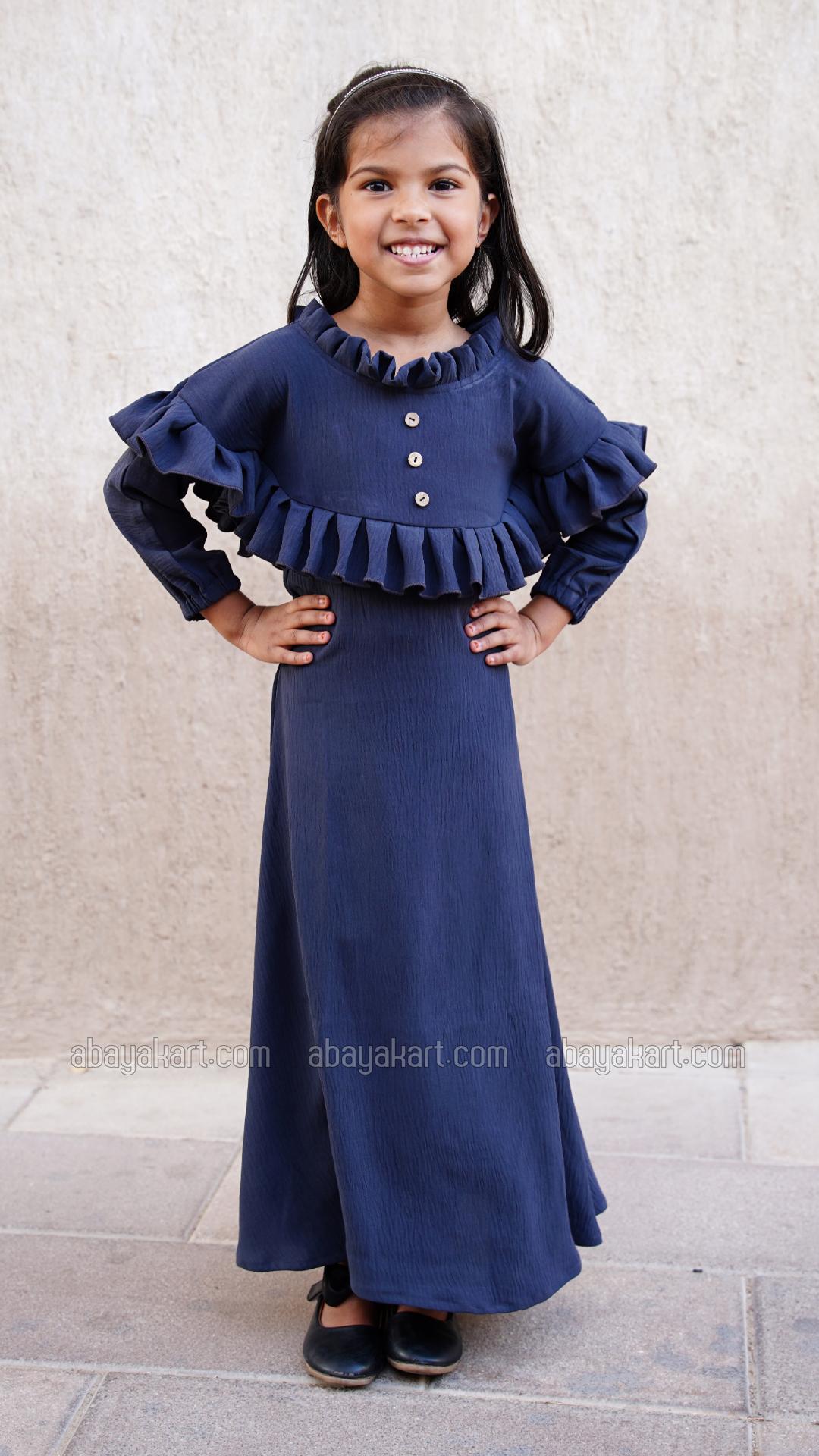 Bulk Kids Abaya with Frill Work on the Neck and Front in Navy Blue