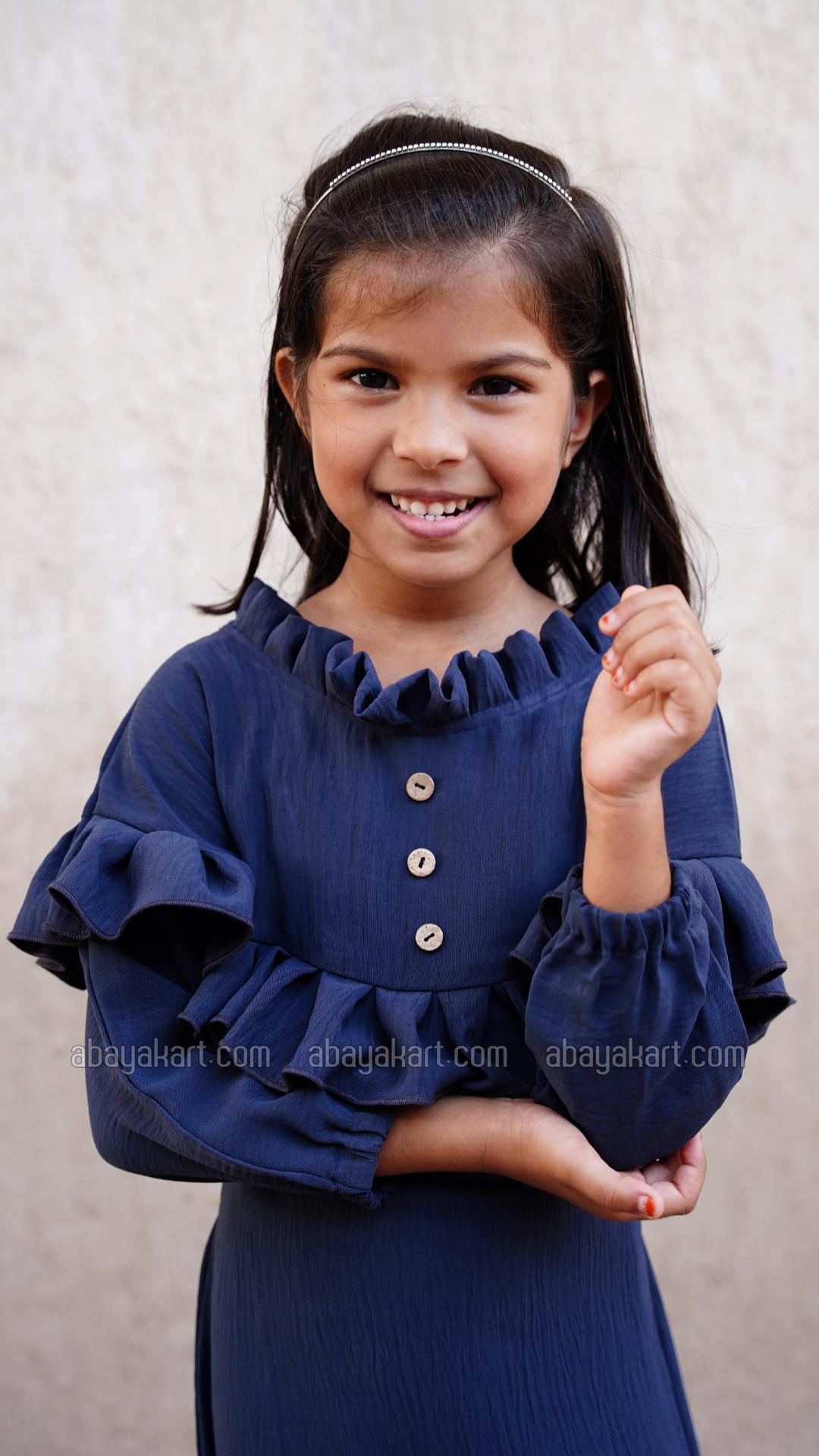 Bulk Kids Abaya with Frill Work on the Neck and Front in Navy Blue