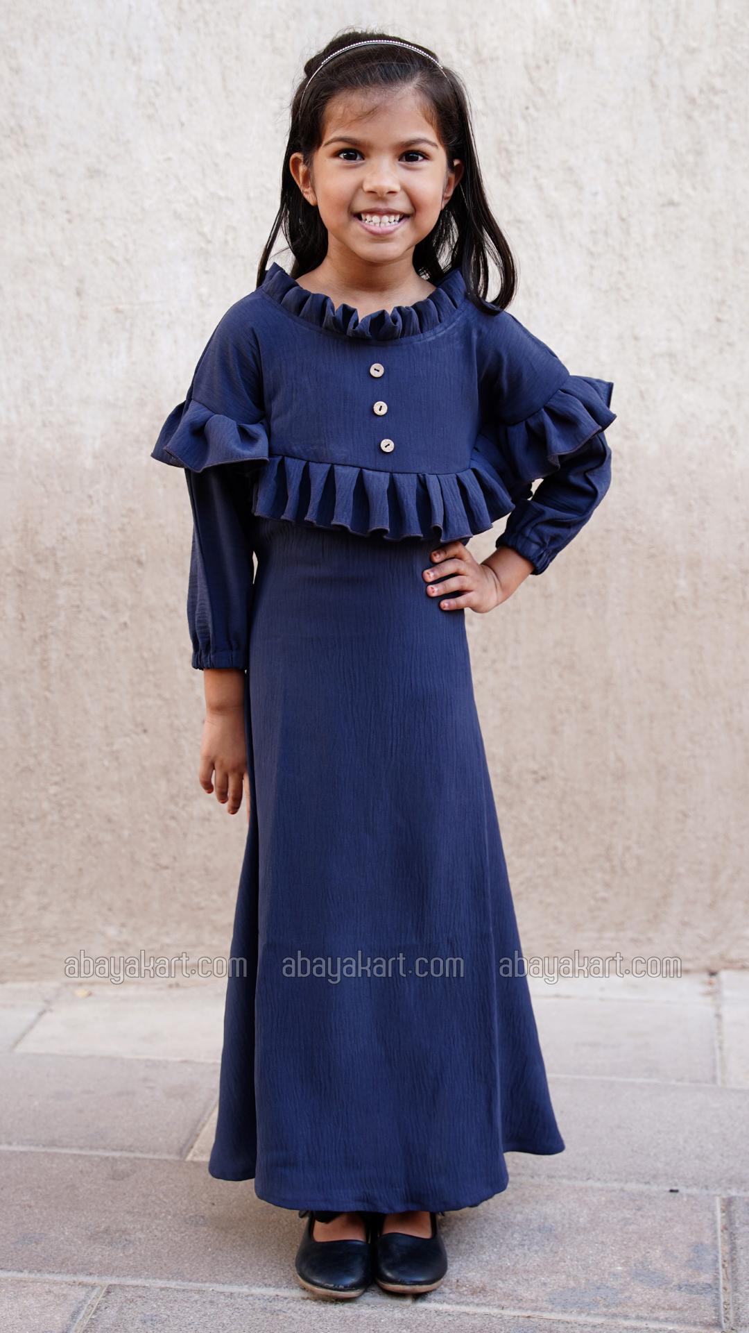 Bulk Kids Abaya with Frill Work on the Neck and Front in Navy Blue