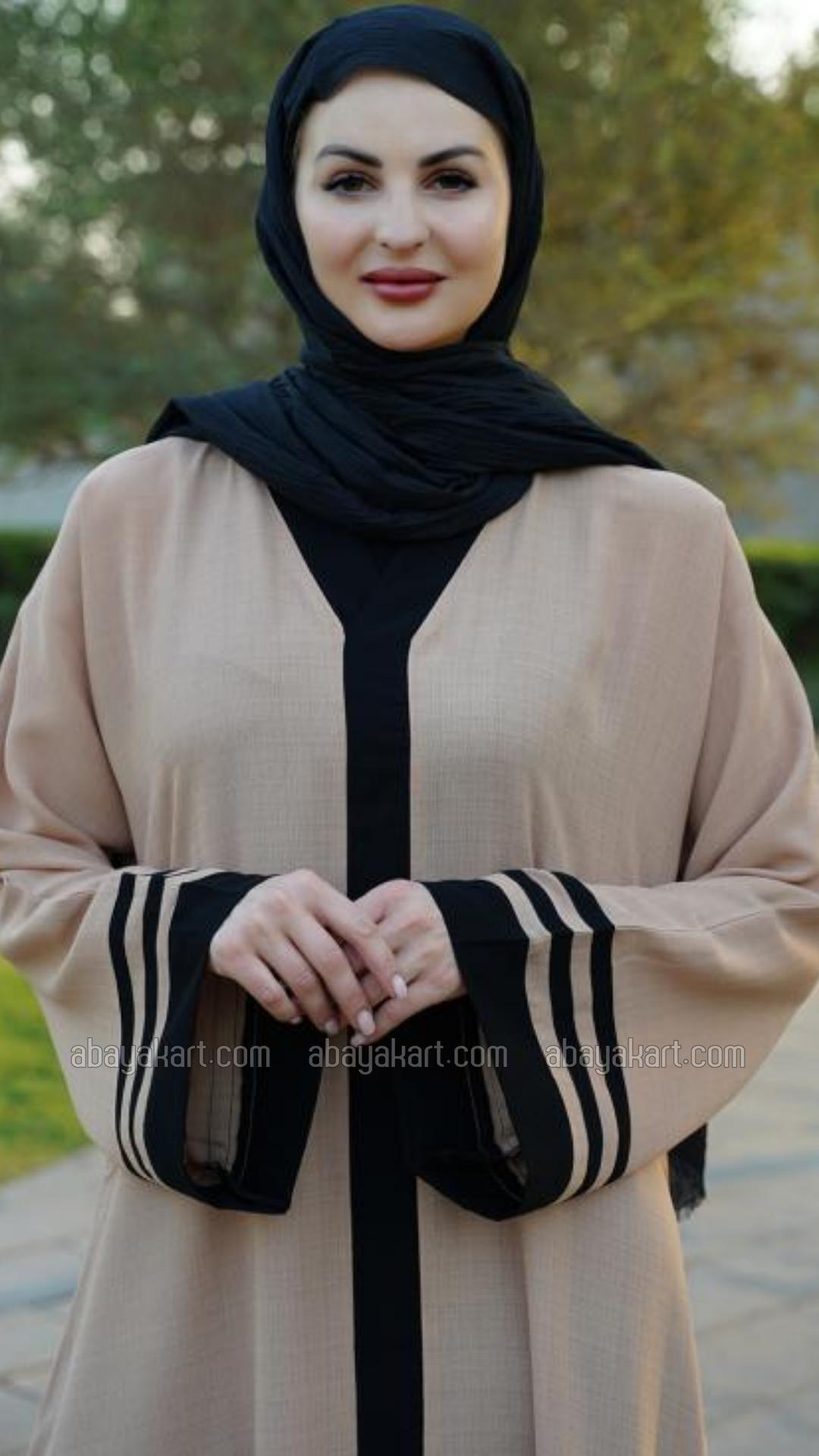 Bulk Trendy Abaya With Band Work On the Front and Sleeves in Cream