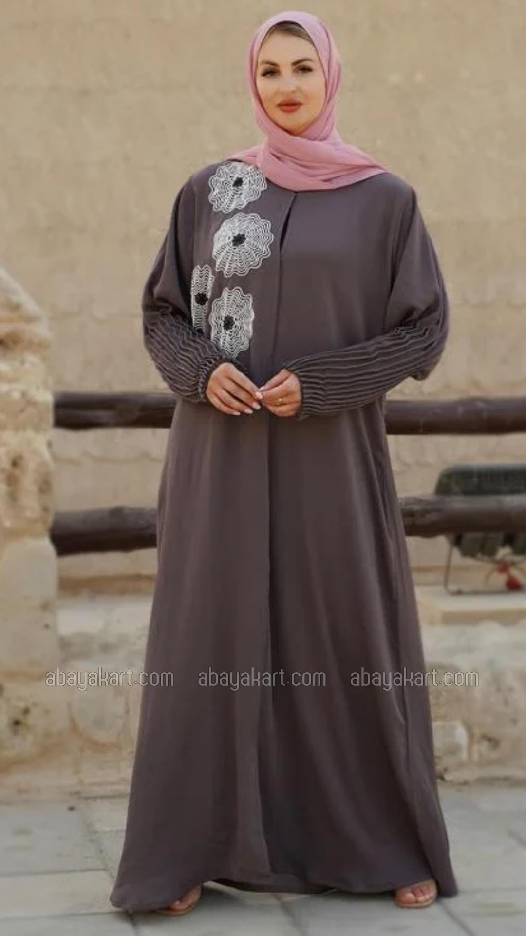 Bulk Zoom Simple Front Open Abaya with Crystal Handwork and Pleat Work on the Sleeves in Brown