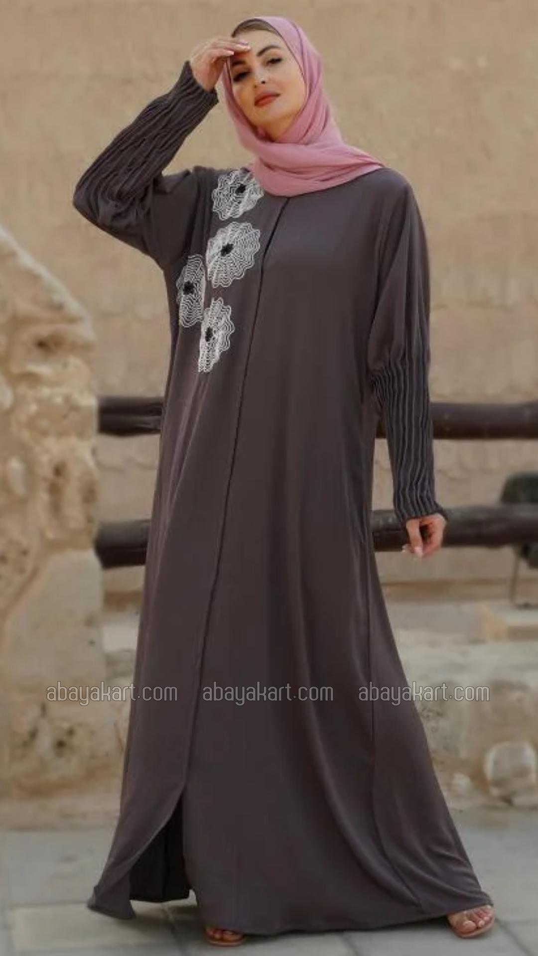 Bulk Zoom Simple Front Open Abaya with Crystal Handwork and Pleat Work on the Sleeves in Brown