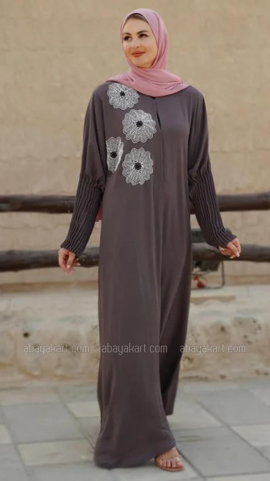 Bulk Zoom Simple Front Open Abaya with Crystal Handwork and Pleat Work on the Sleeves in Brown