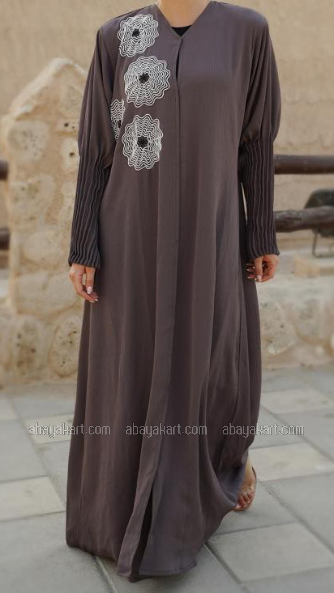 Bulk Zoom Simple Front Open Abaya with Crystal Handwork and Pleat Work on the Sleeves in Brown