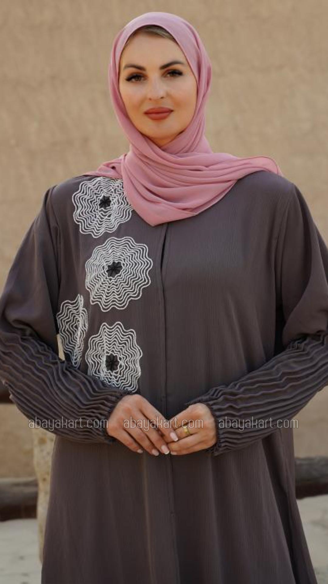 Bulk Zoom Simple Front Open Abaya with Crystal Handwork and Pleat Work on the Sleeves in Brown
