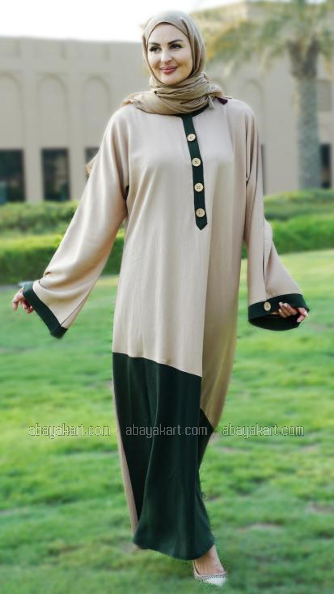 Bulk Beige and Olive Zoom Abaya with Show Buttons on the Front and sleeves