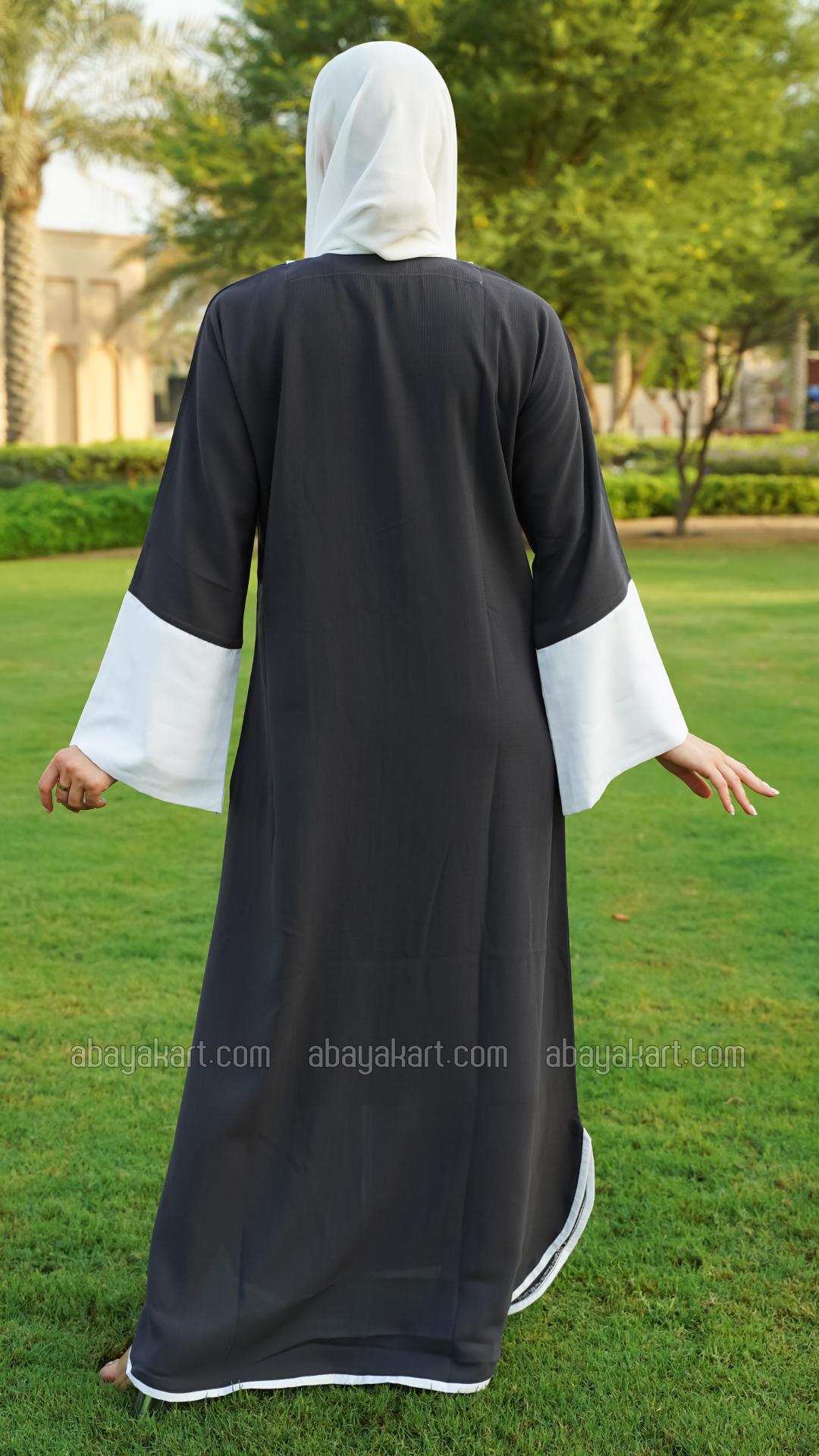 Bulk CEY Dark Grey Abaya with Offwhite Band Work on the Front and Sleeve Bottoms