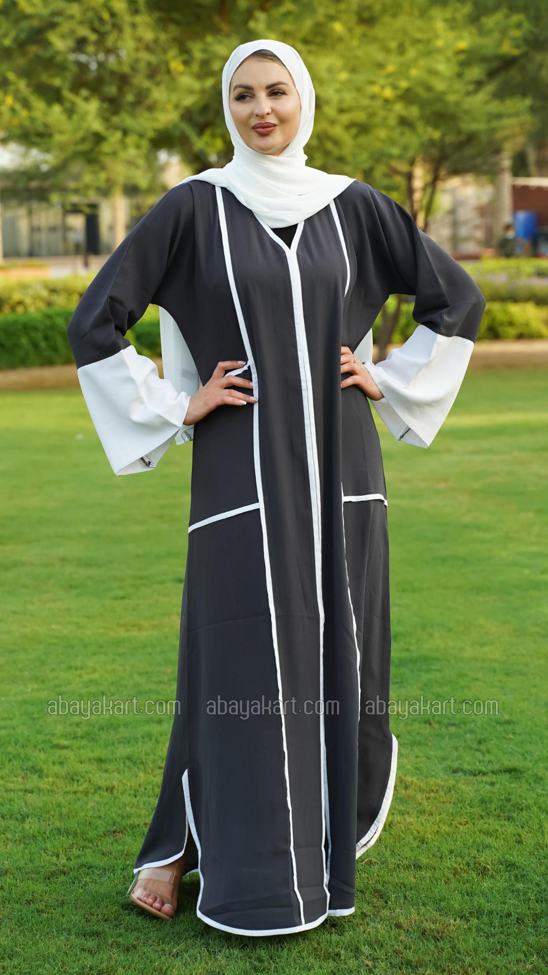 Bulk CEY Dark Grey Abaya with Offwhite Band Work on the Front and Sleeve Bottoms