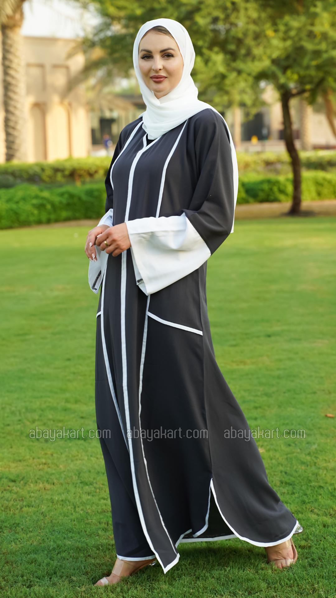 Bulk CEY Dark Grey Abaya with Offwhite Band Work on the Front and Sleeve Bottoms