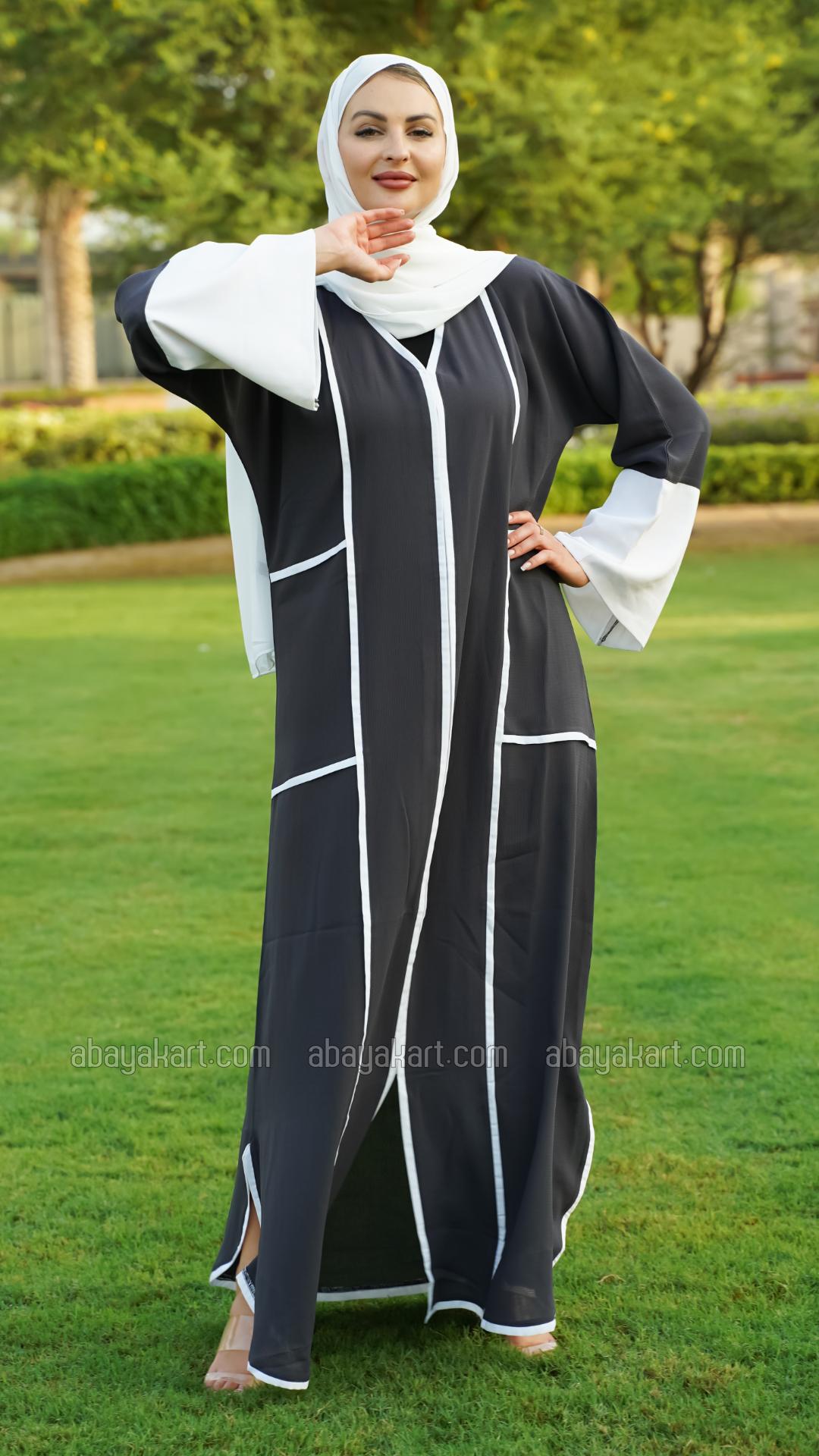 Bulk CEY Dark Grey Abaya with Offwhite Band Work on the Front and Sleeve Bottoms