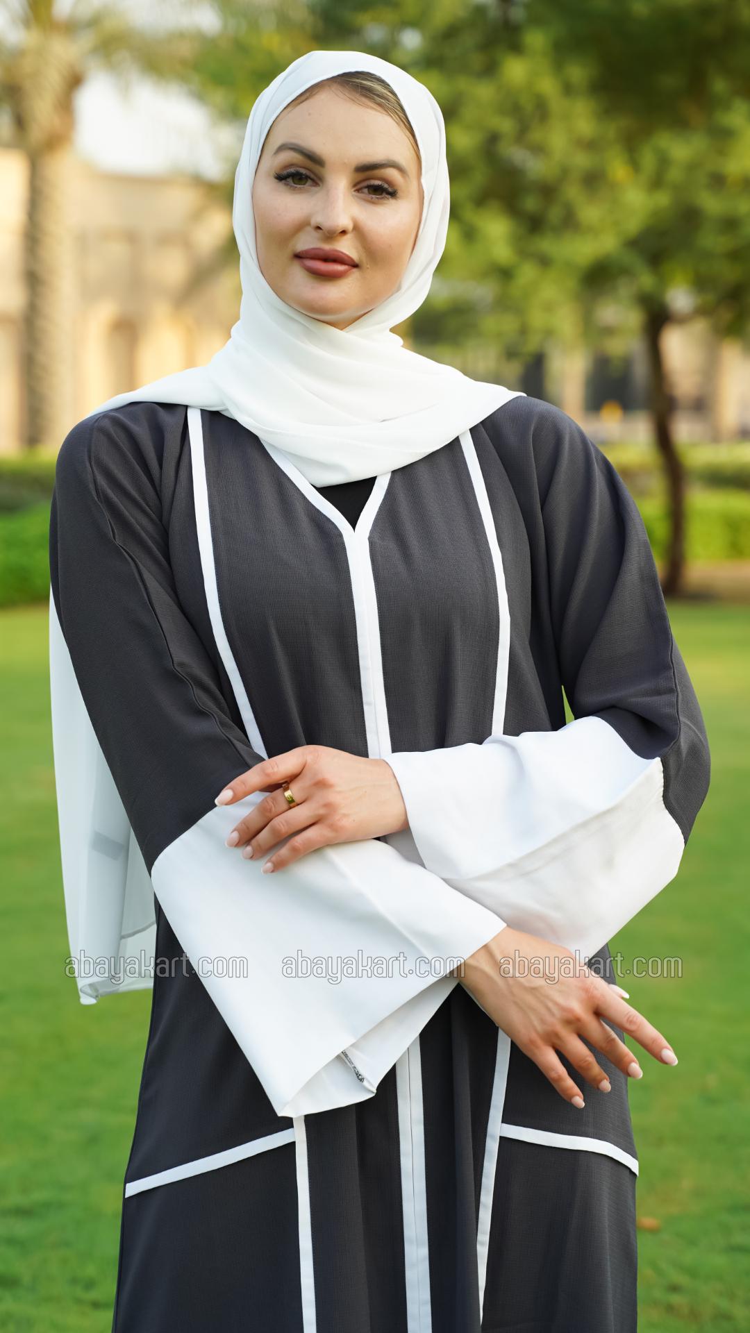 Bulk CEY Dark Grey Abaya with Offwhite Band Work on the Front and Sleeve Bottoms