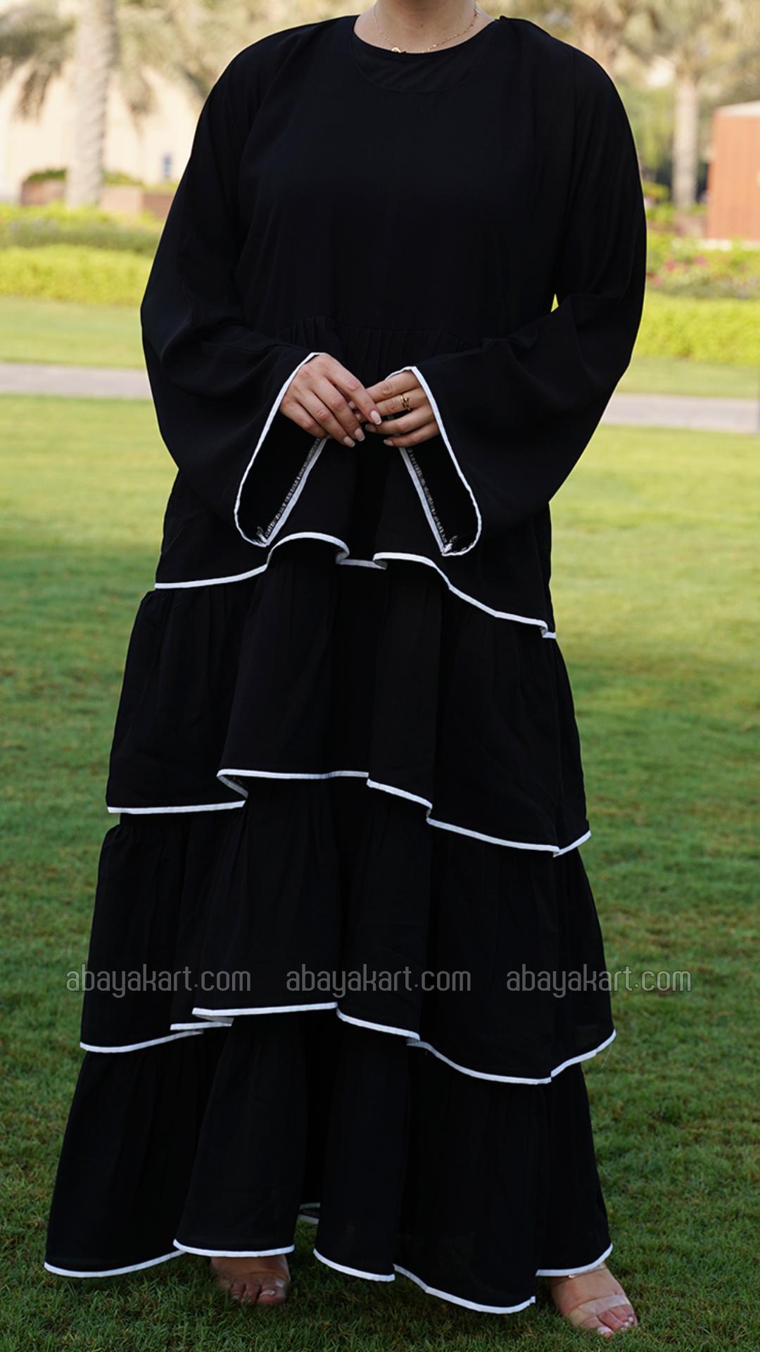 Bulk Abaya With Frill Work And White Piping Work In Black
