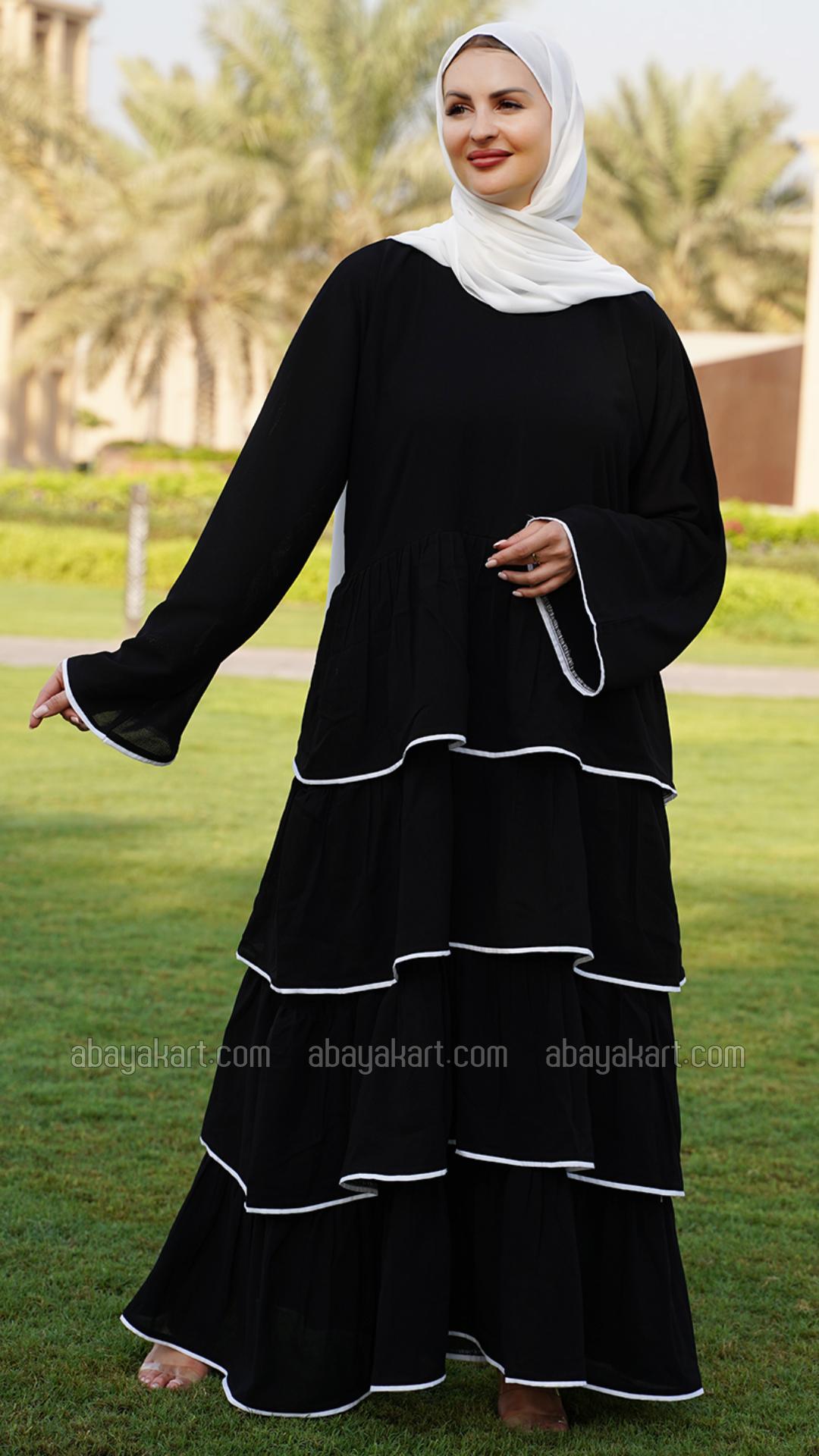 Bulk Abaya With Frill Work And White Piping Work In Black