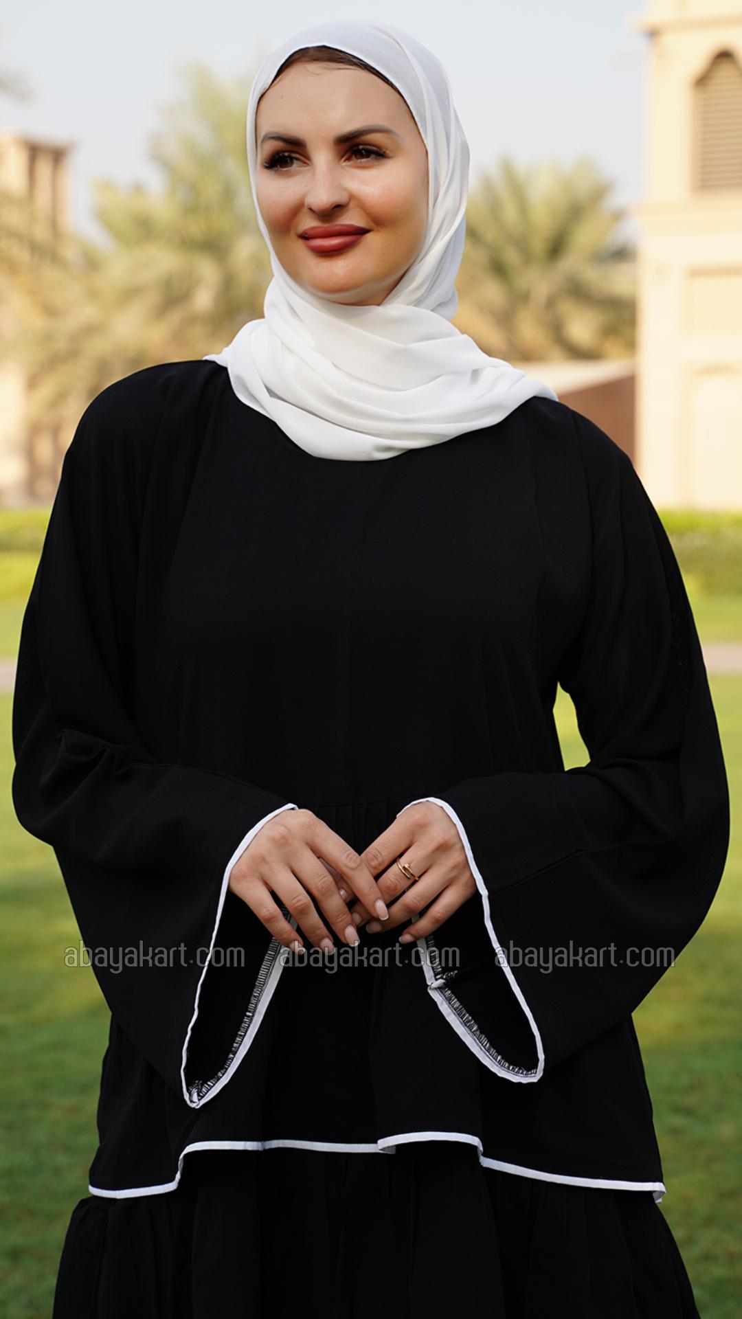 Bulk Abaya With Frill Work And White Piping Work In Black