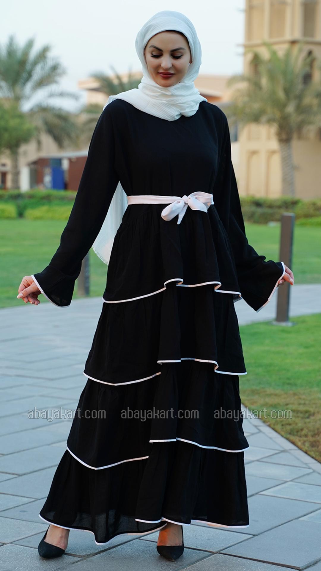 Bulk Abaya with Frill Work White Piping and a Belt in Black