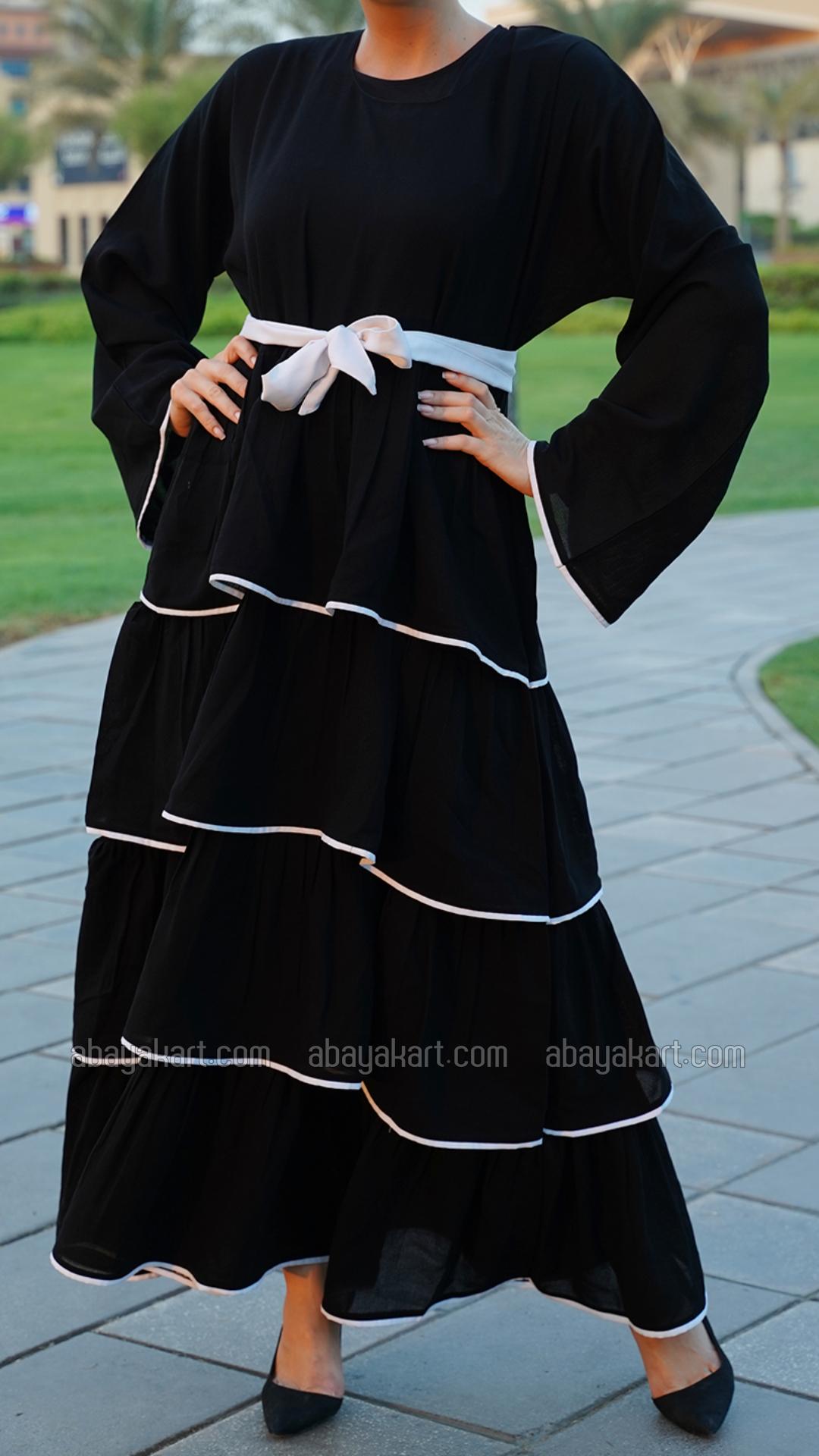 Bulk Abaya with Frill Work White Piping and a Belt in Black
