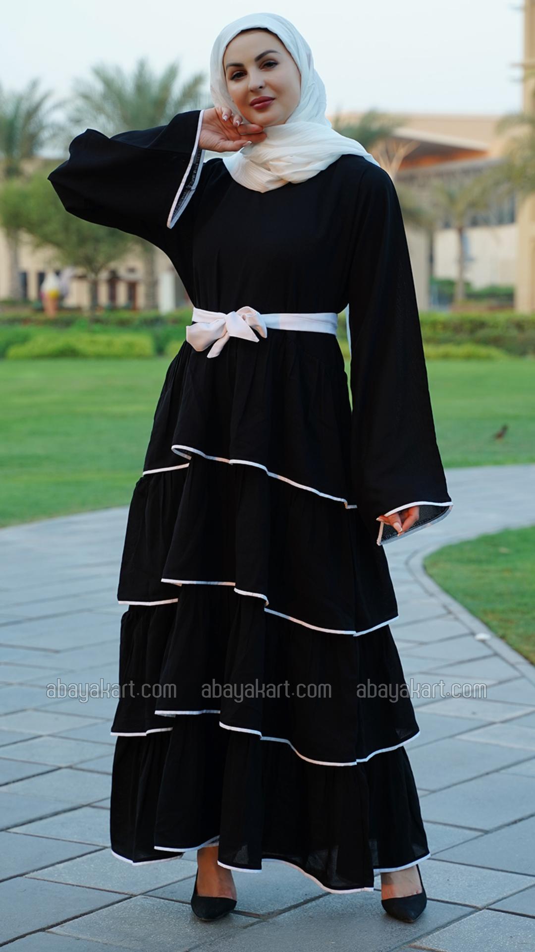 Bulk Abaya with Frill Work White Piping and a Belt in Black