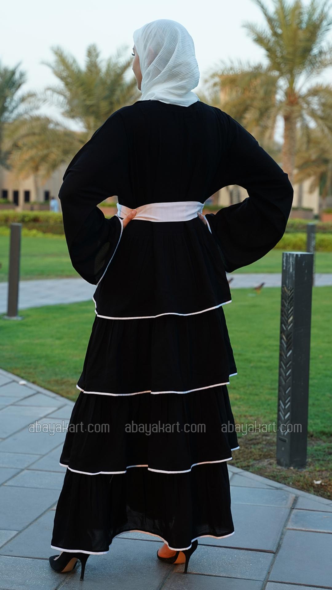 Bulk Abaya with Frill Work White Piping and a Belt in Black