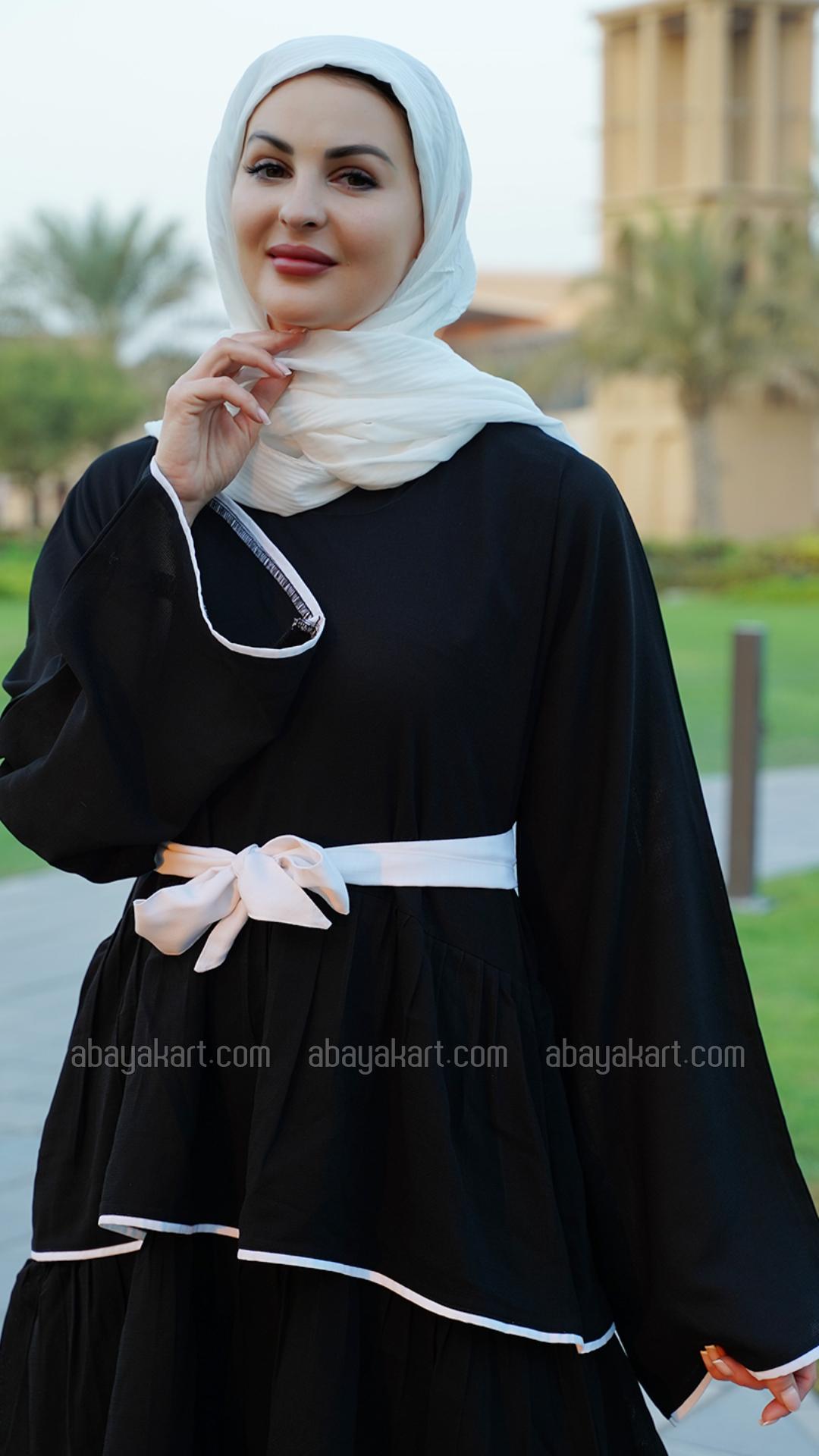 Bulk Abaya with Frill Work White Piping and a Belt in Black