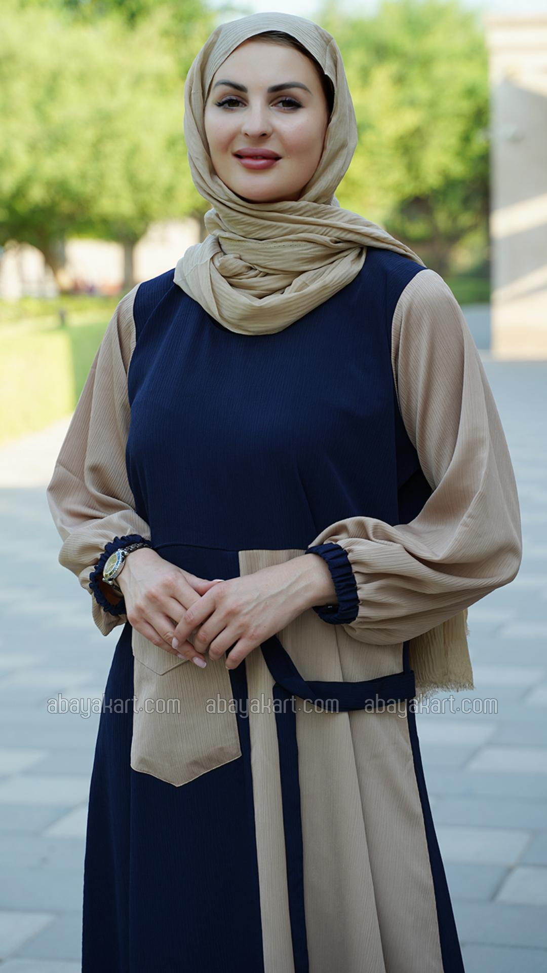Bulk Zoom Abaya With One Side Pocket And Attached Belt In Beige And Navy Blue