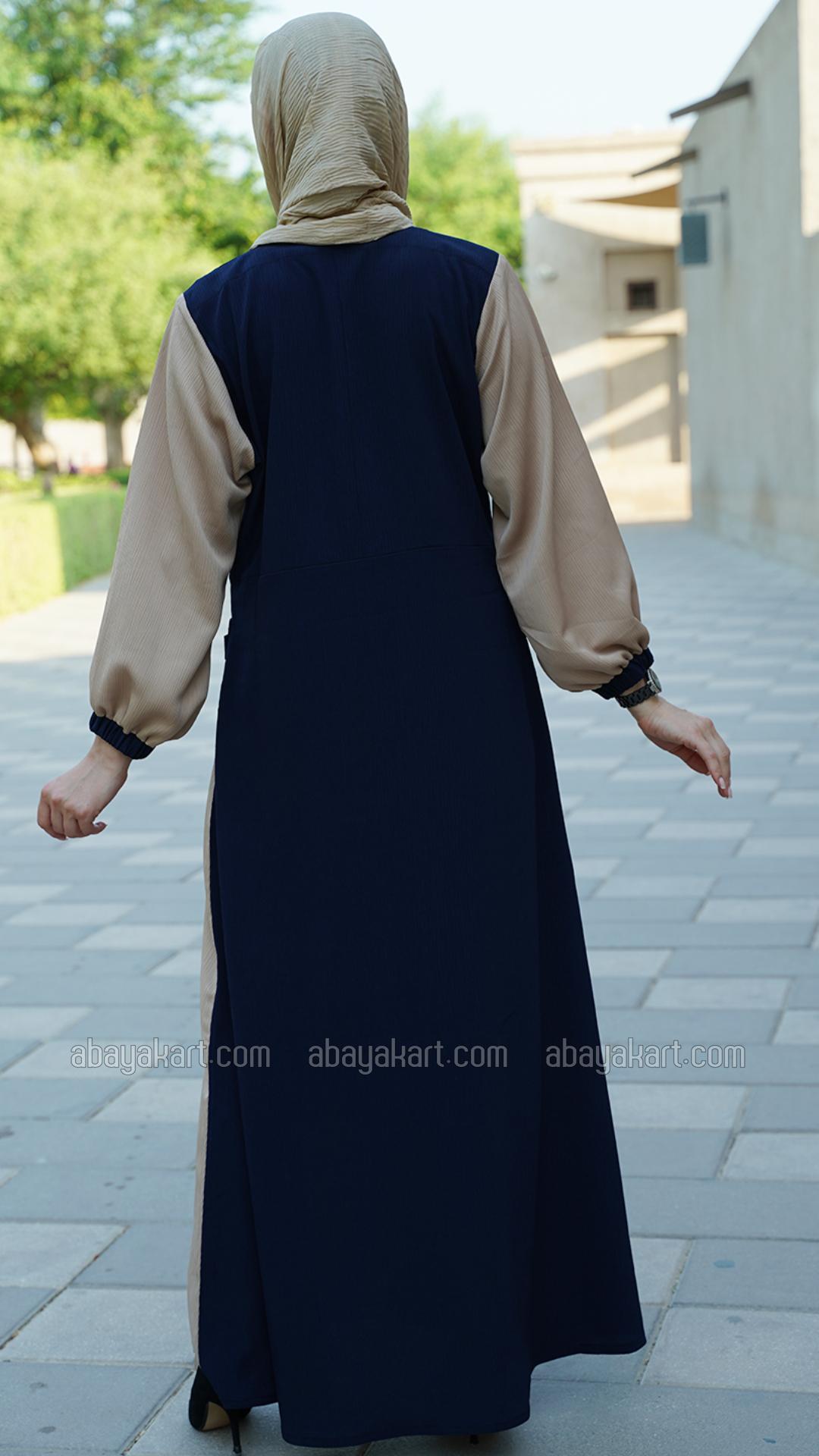 Bulk Zoom Abaya With One Side Pocket And Attached Belt In Beige And Navy Blue