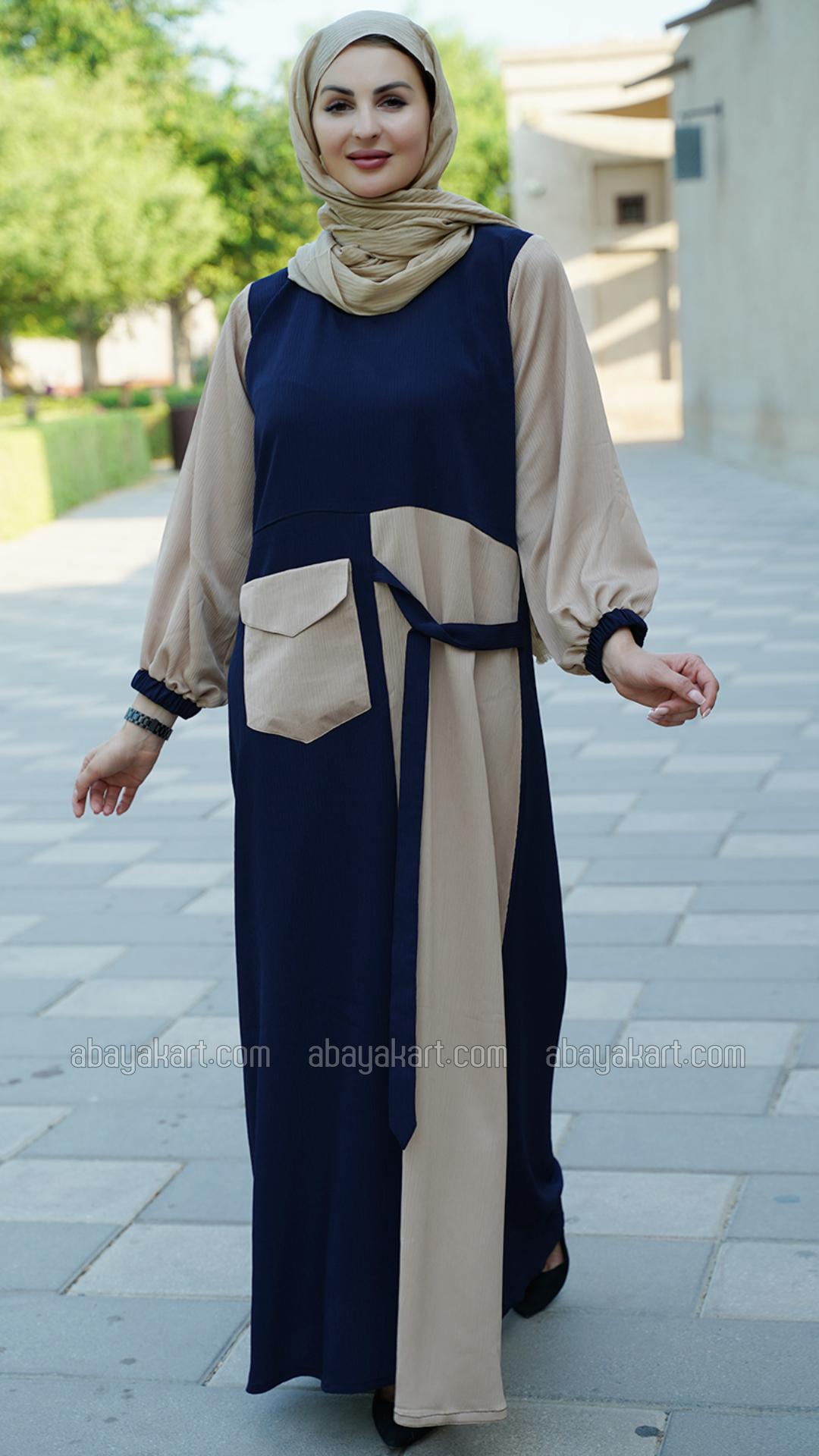 Bulk Zoom Abaya With One Side Pocket And Attached Belt In Beige And Navy Blue