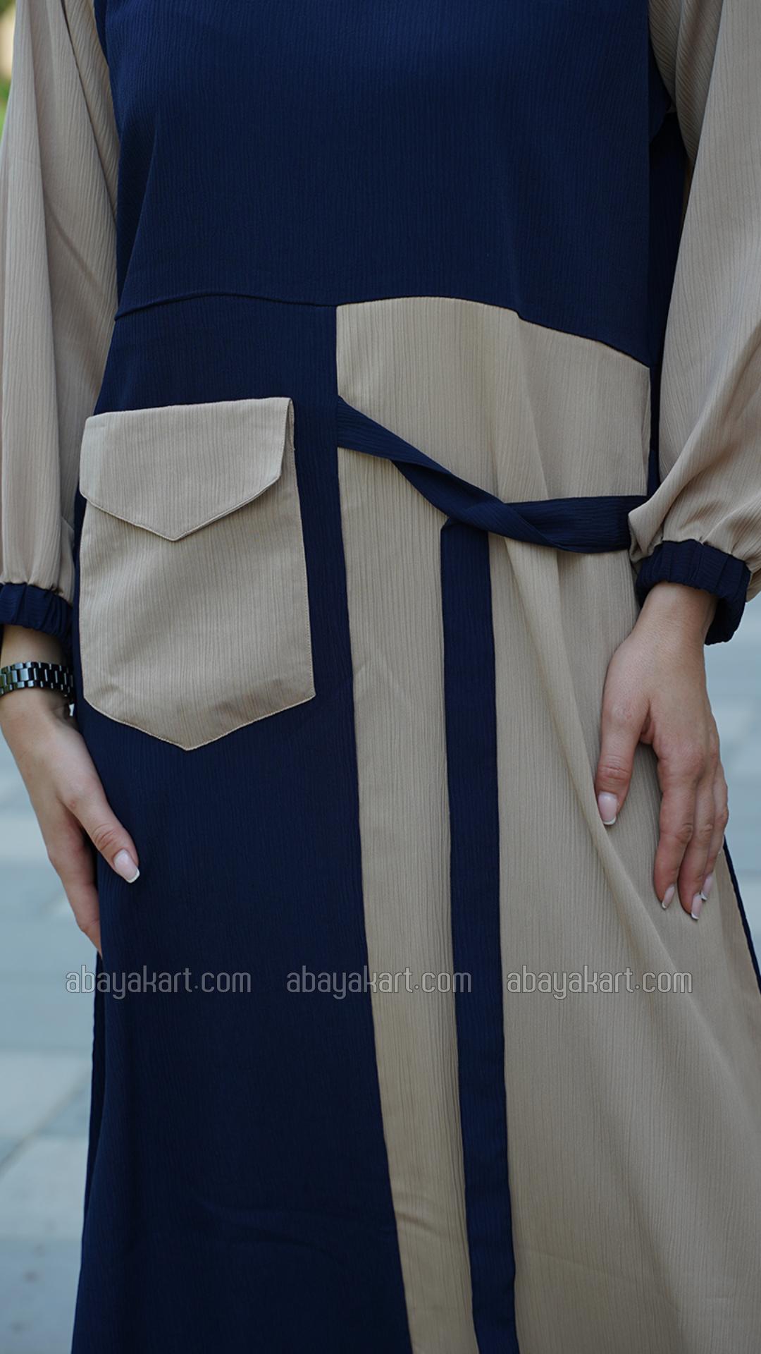 Bulk Zoom Abaya With One Side Pocket And Attached Belt In Beige And Navy Blue