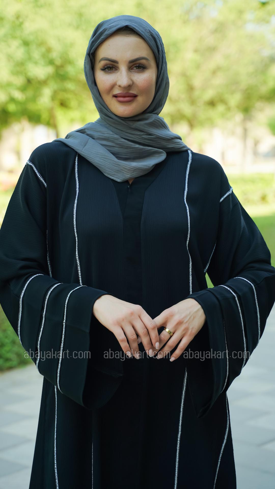Bulk Zoom Abaya with Beaded Handwork on the Front and Sleeves in Black