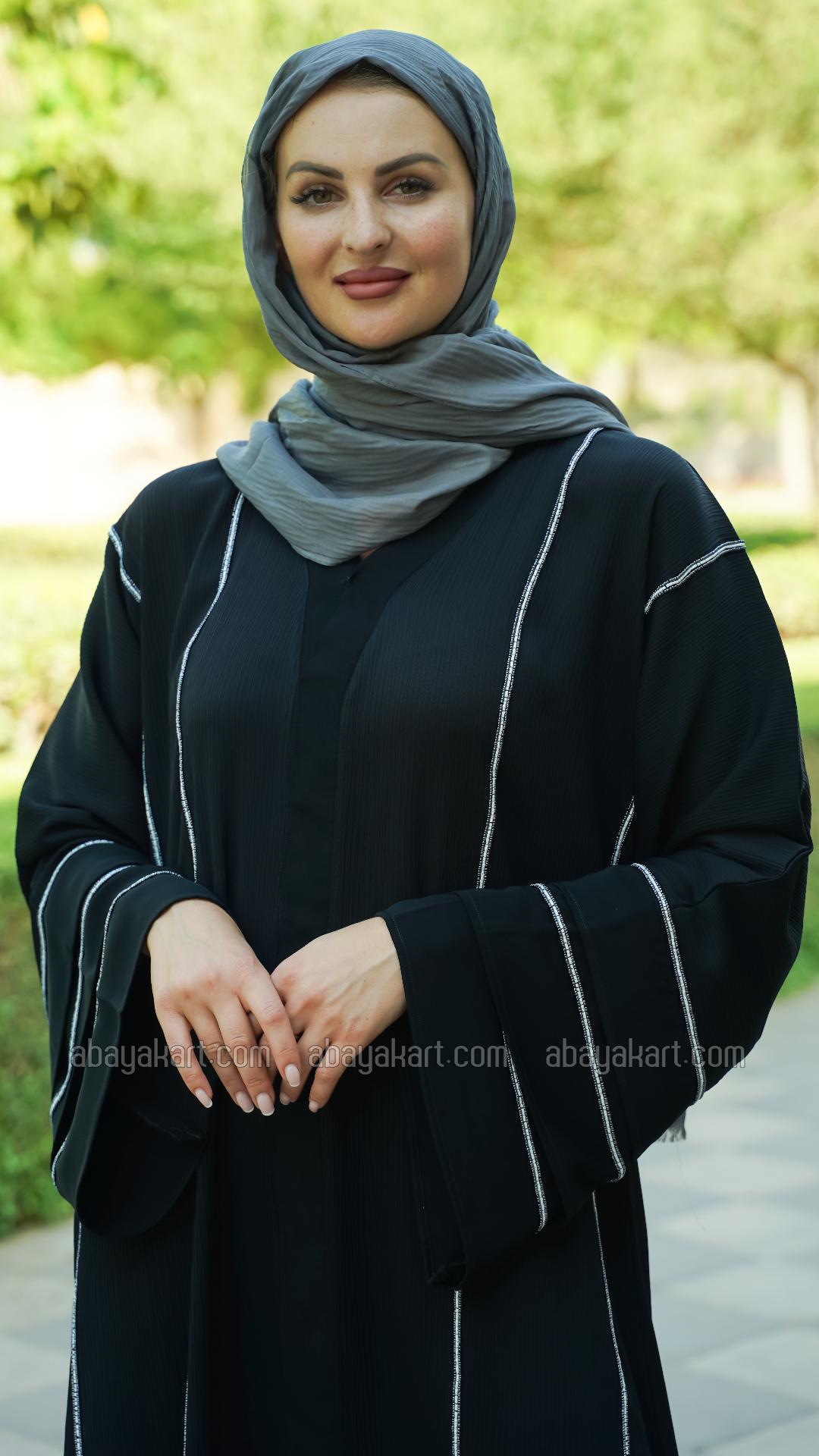 Bulk Zoom Abaya with Beaded Handwork on the Front and Sleeves in Black