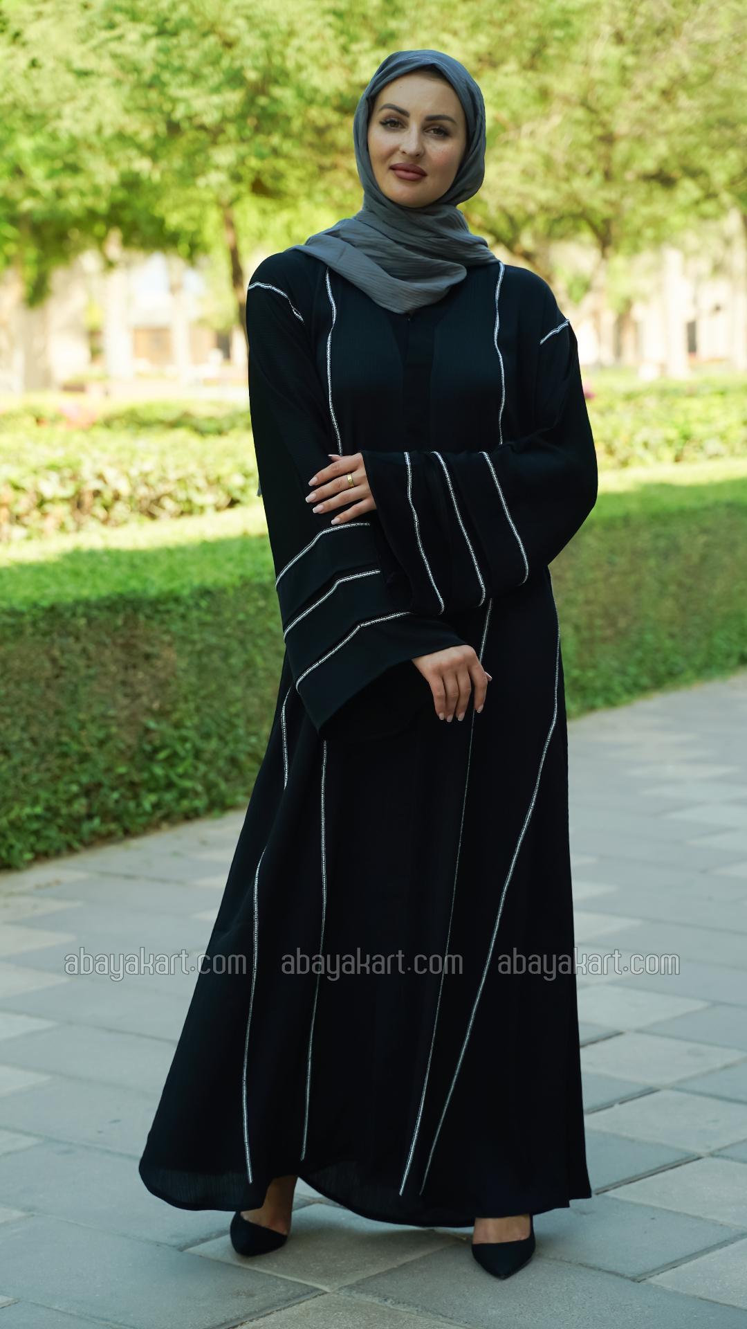 Bulk Zoom Abaya with Beaded Handwork on the Front and Sleeves in Black