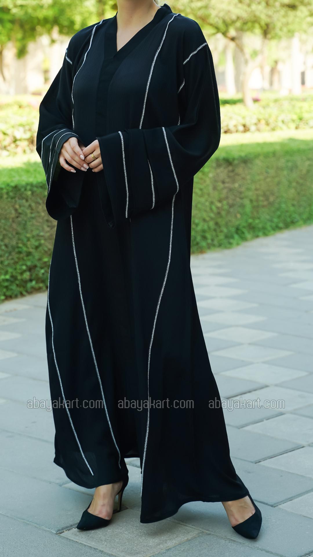 Bulk Zoom Abaya with Beaded Handwork on the Front and Sleeves in Black