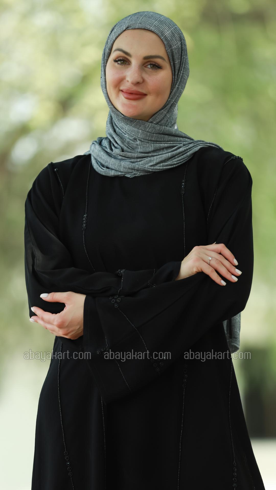 Bulk Masha Crepe Simple Abaya With Black Crystal Hand Work In Black
