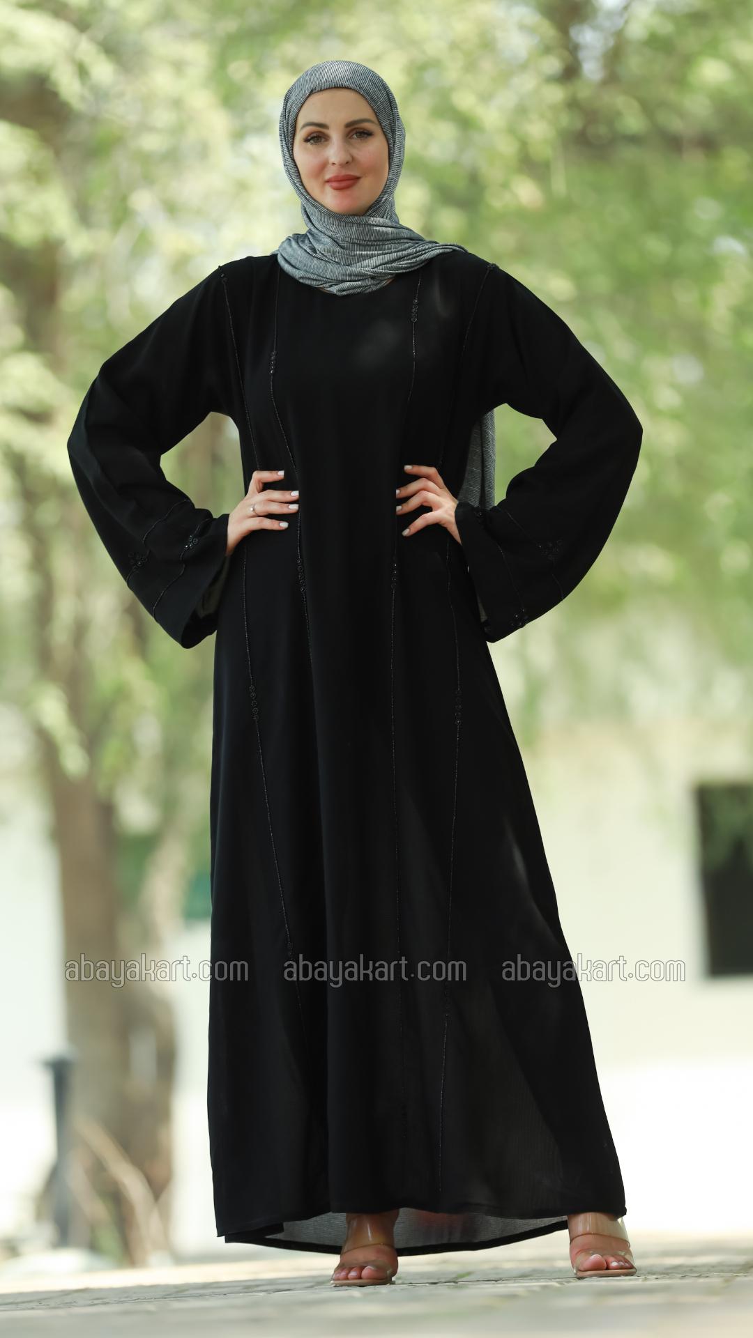 Bulk Masha Crepe Simple Abaya With Black Crystal Hand Work In Black