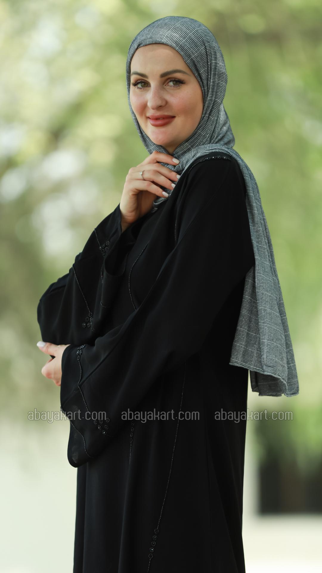 Bulk Masha Crepe Simple Abaya With Black Crystal Hand Work In Black