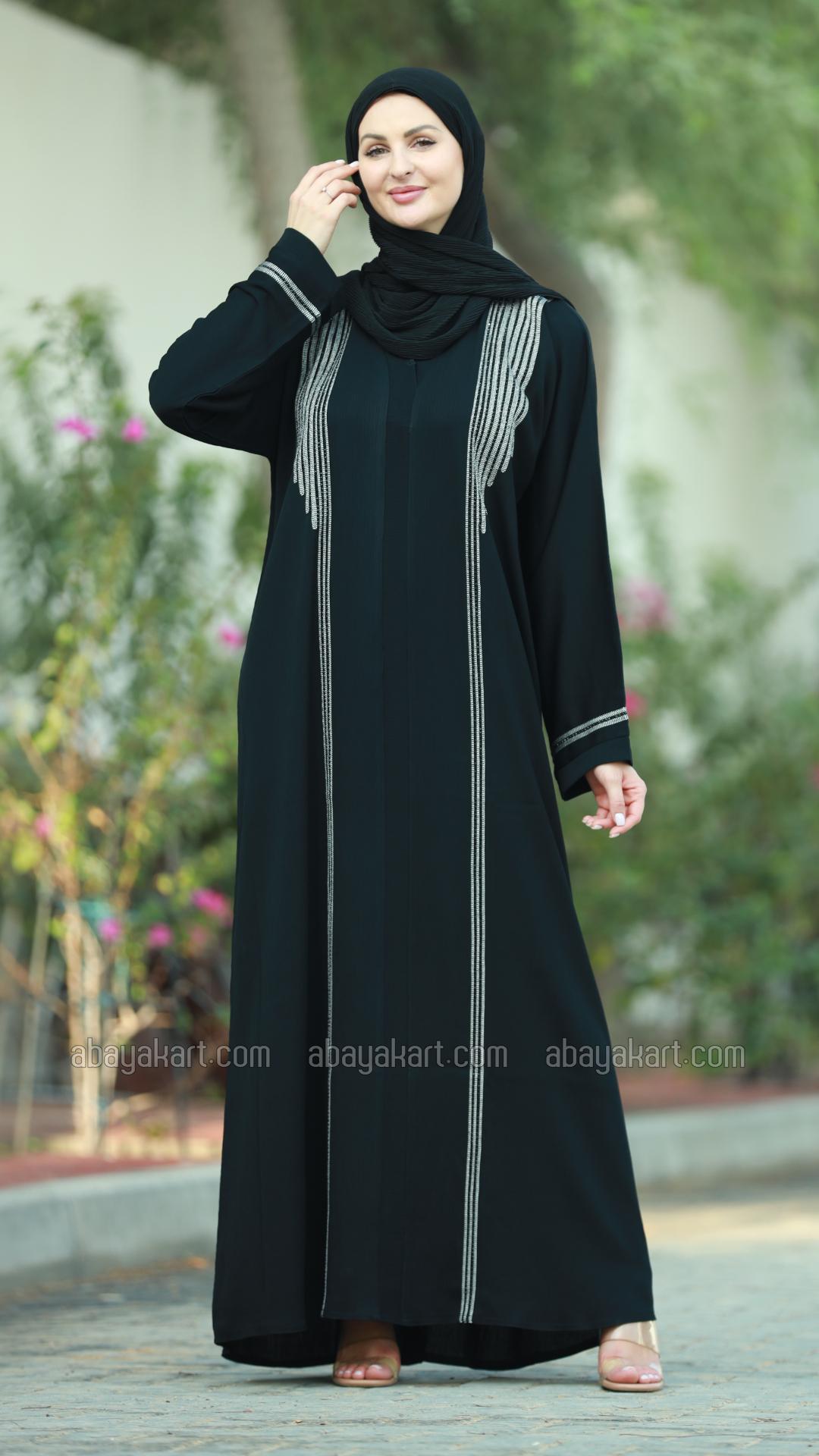 Bulk Black Zoom Abaya with Dori Ribbon and Black Handwork on the Front and Sleeves 