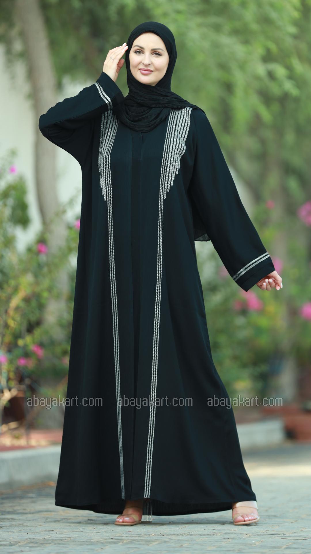 Bulk Black Zoom Abaya with Dori Ribbon and Black Handwork on the Front and Sleeves 