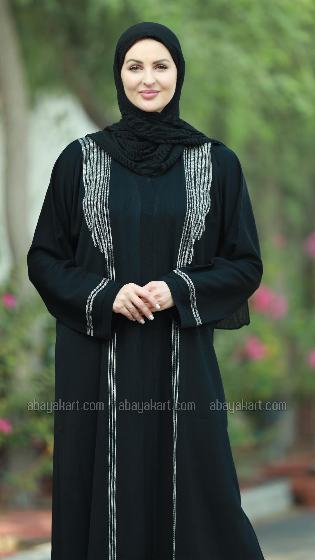 Bulk Black Zoom Abaya with Dori Ribbon and Black Handwork on the Front and Sleeves 