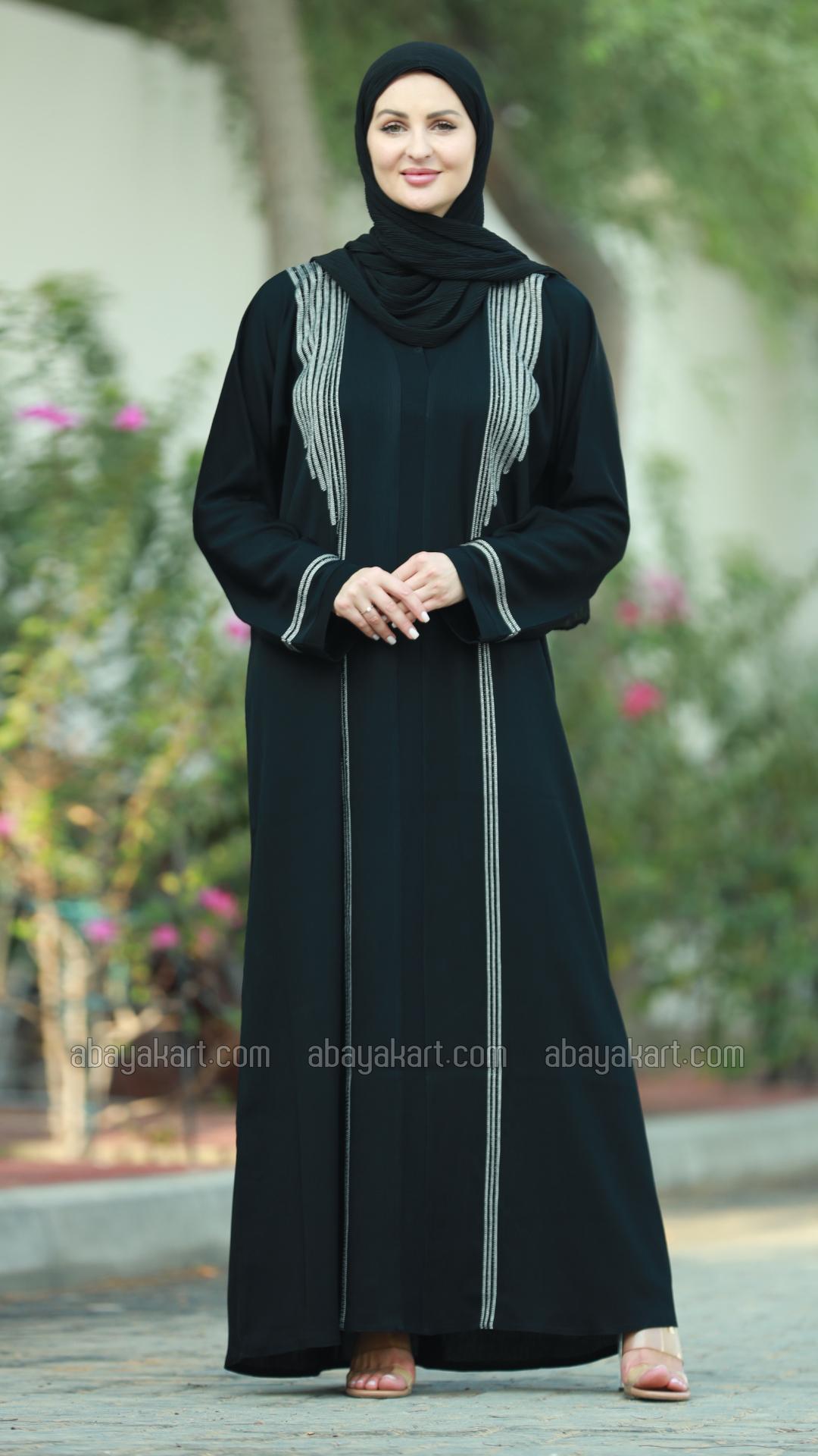 Bulk Black Zoom Abaya with Dori Ribbon and Black Handwork on the Front and Sleeves 
