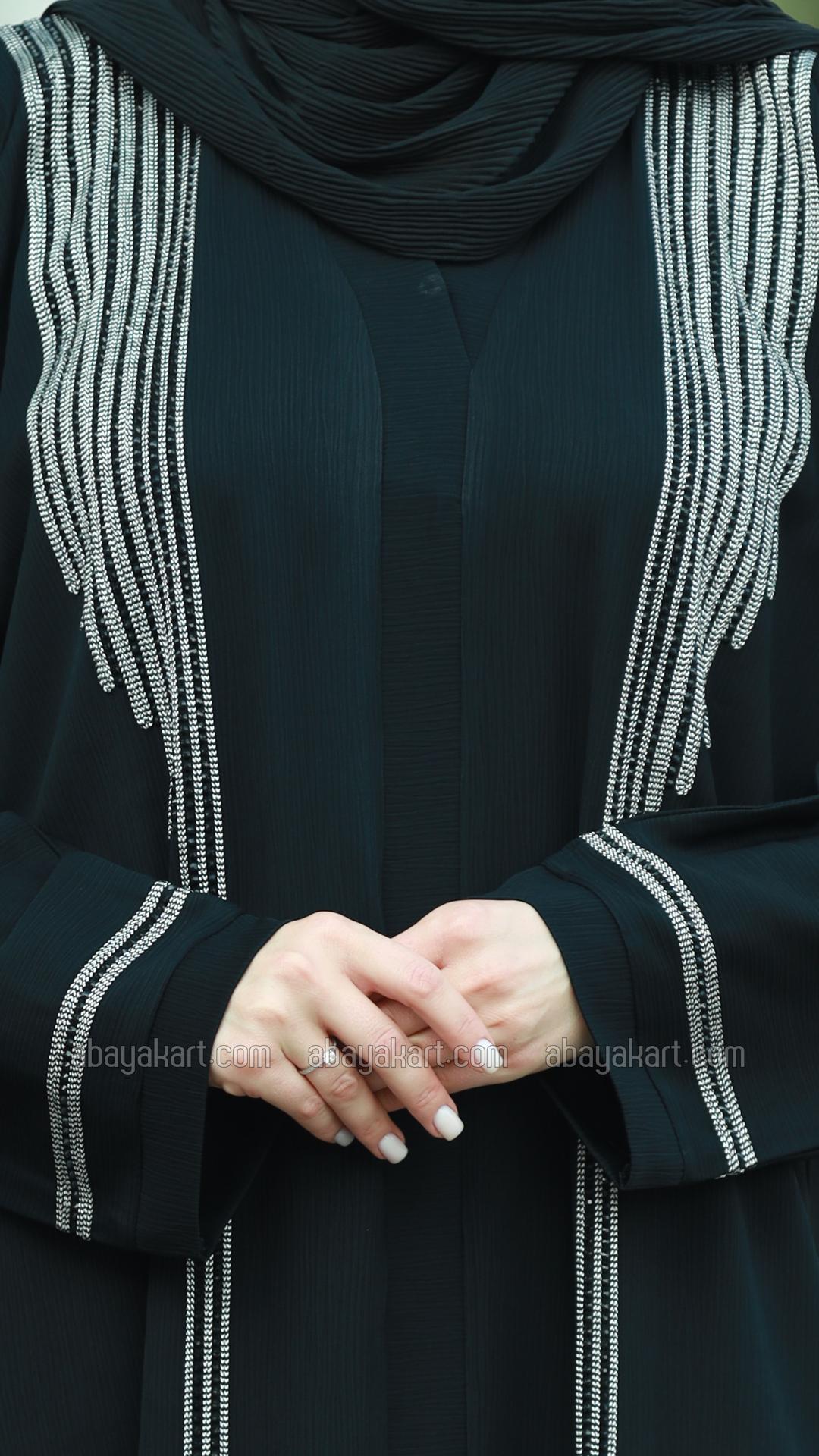 Bulk Black Zoom Abaya with Dori Ribbon and Black Handwork on the Front and Sleeves 